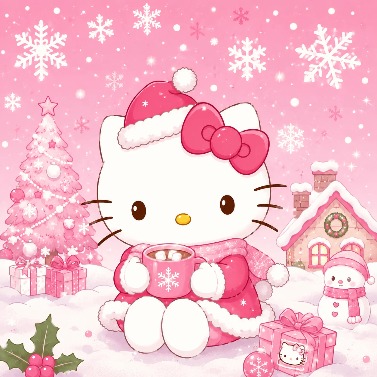 Hello Kitty Christmas PFP wearing a Santa hat with snowflakes falling on a pink background