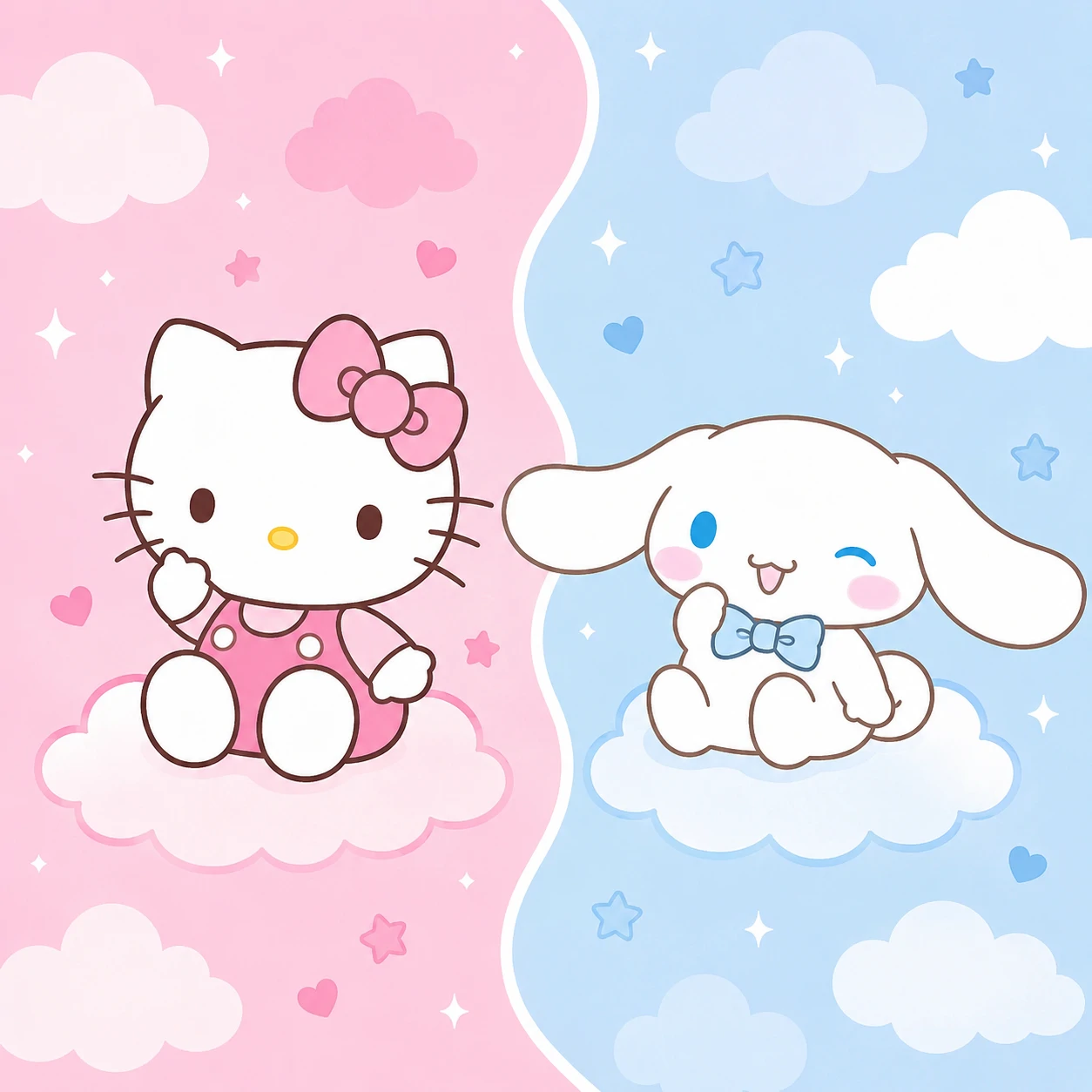 Hello Kitty and Cinnamoroll matching PFP with pink and baby blue split and cloud accents
