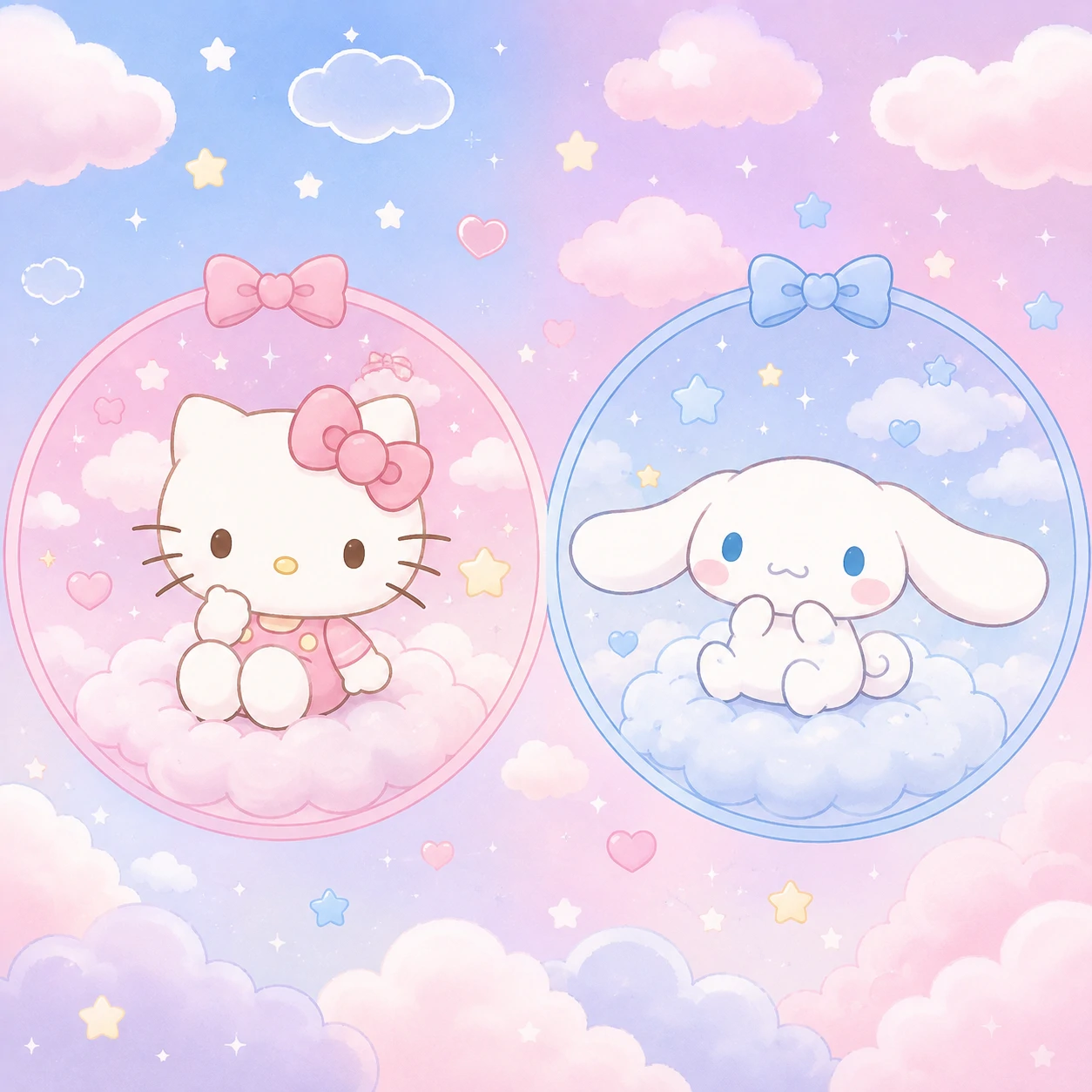 Sanrio cloud-themed Hello Kitty and Cinnamoroll matching profile pictures in soft pastels