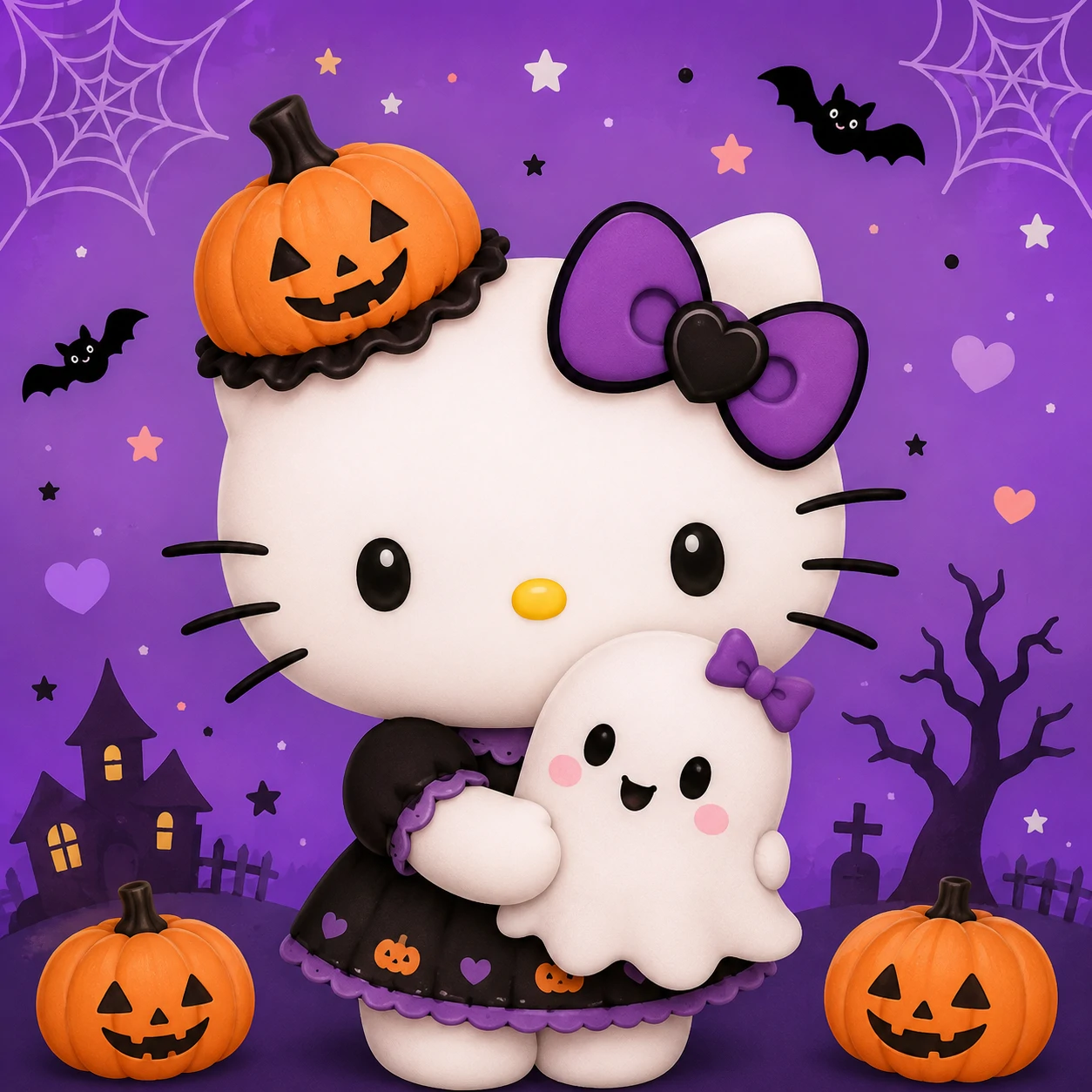 Hello Kitty Halloween PFP in a mini pumpkin hat holding a tiny ghost with purple background