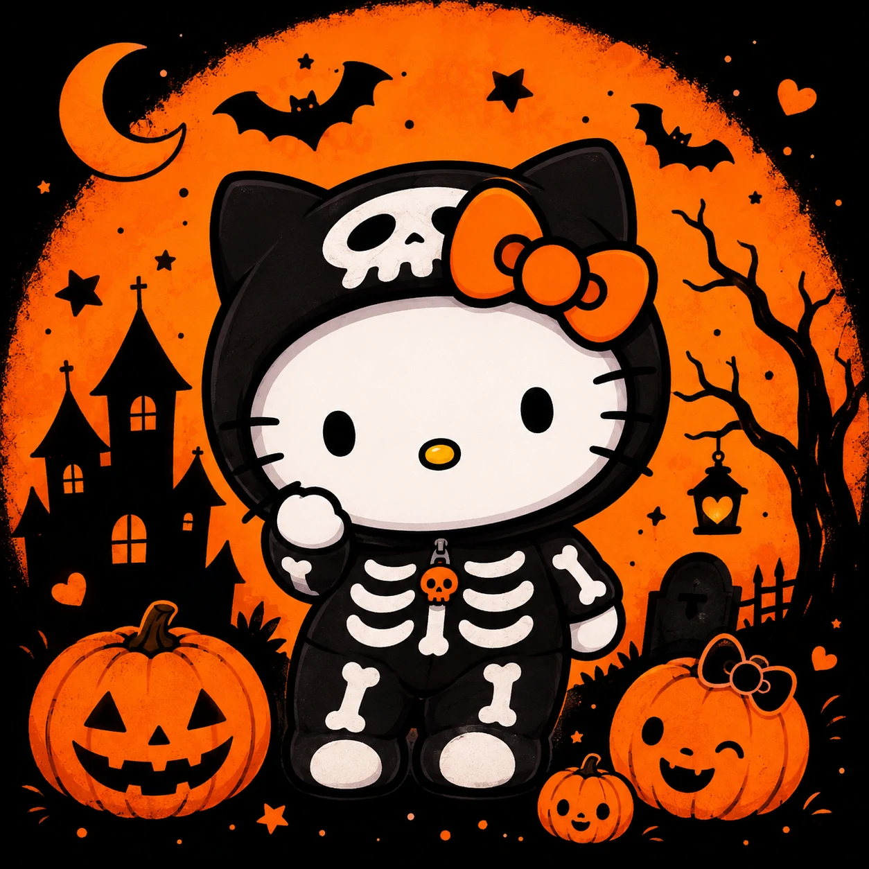 Hello Kitty Halloween profile picture in a skeleton onesie on an orange and black background