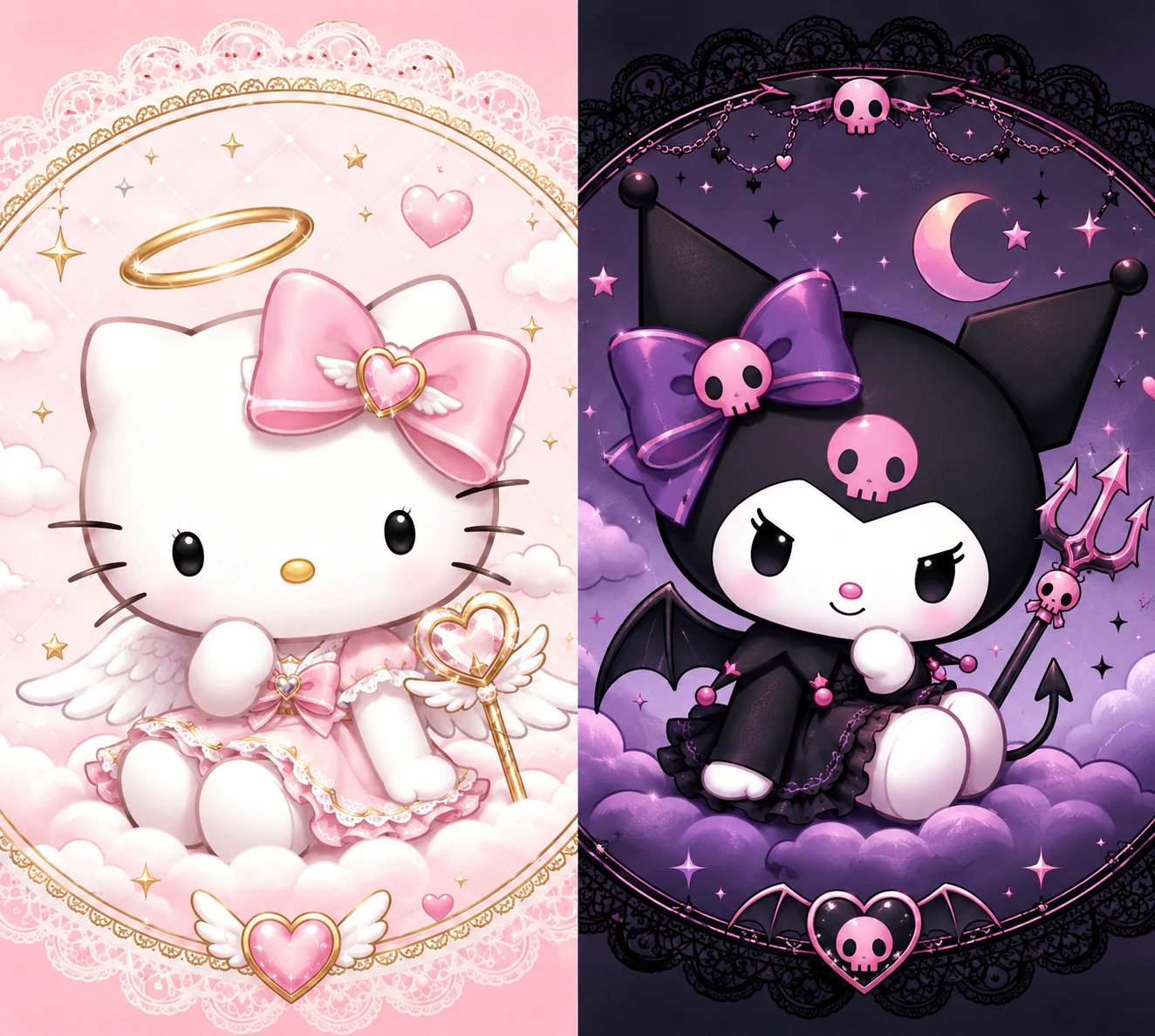 Hello Kitty and Kuromi matching PFP set with an angel vs devil concept and mirrored bows