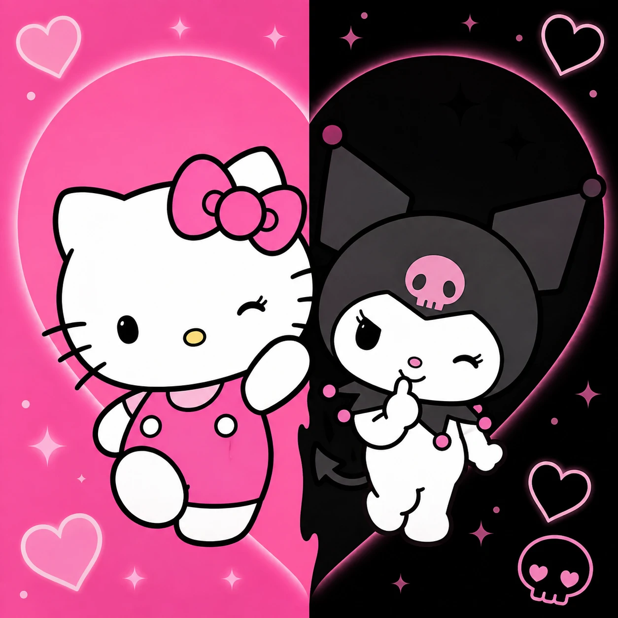Pink and black Hello Kitty and Kuromi matching profile picture with heart split background