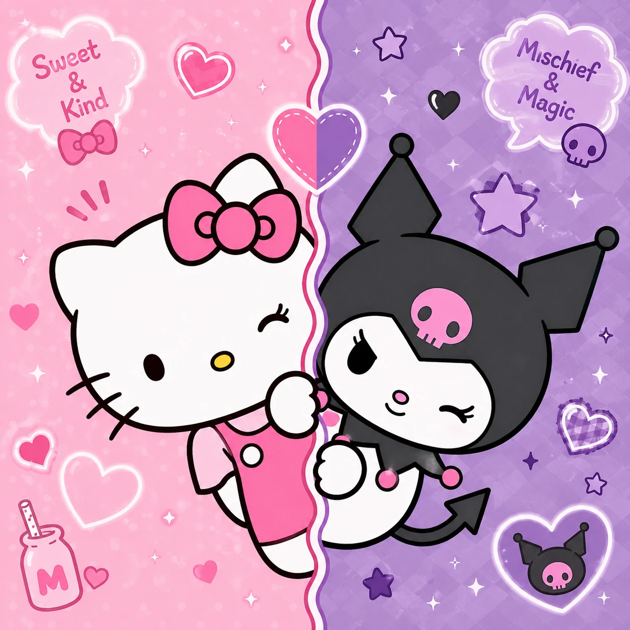 Bestie duo matching Hello Kitty and Kuromi PFP with pink and purple split colour scheme