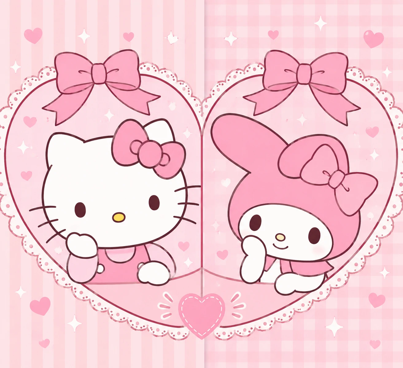 Best friend matching PFP with Hello Kitty on one side and My Melody on the other in soft pink