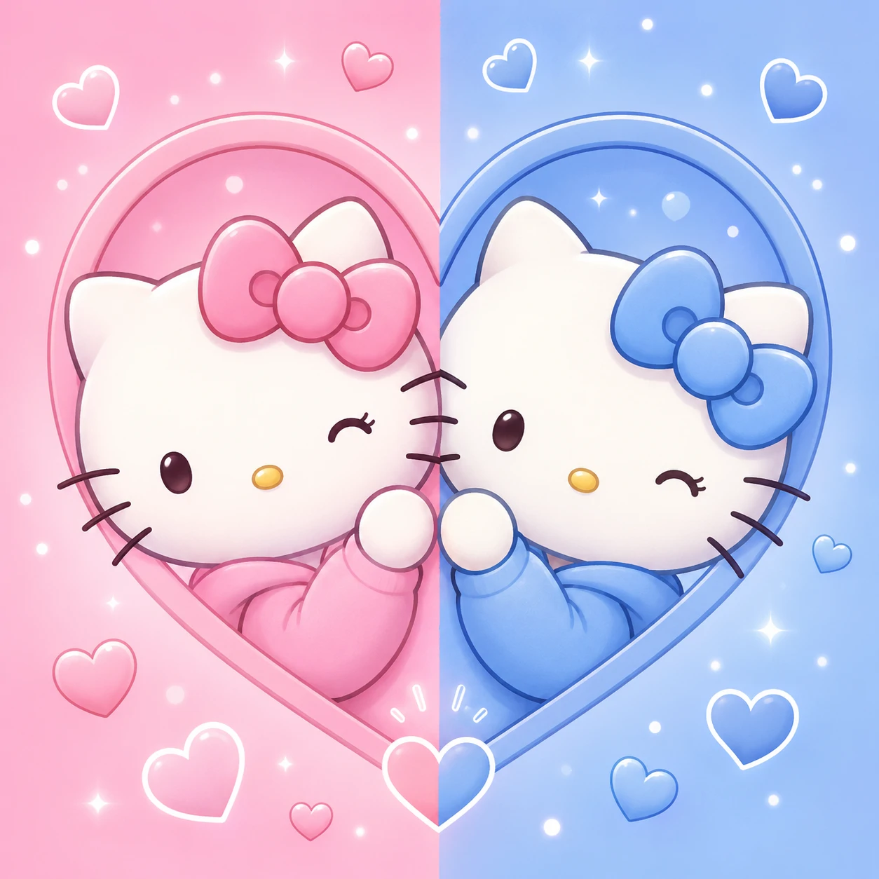 Pink and blue couple matching Hello Kitty PFP with soft gradient background and heart accents