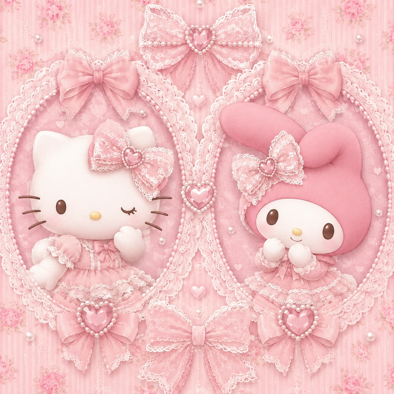 Coquette-style Hello Kitty and My Melody matching profile pictures with lace bow accents