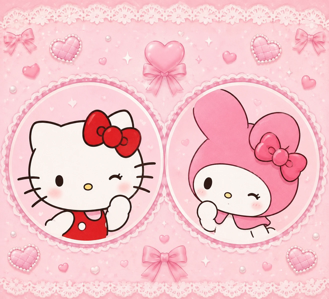 Hello Kitty and My Melody matching PFP with My Melody’s pink hood and Hello Kitty’s red bow