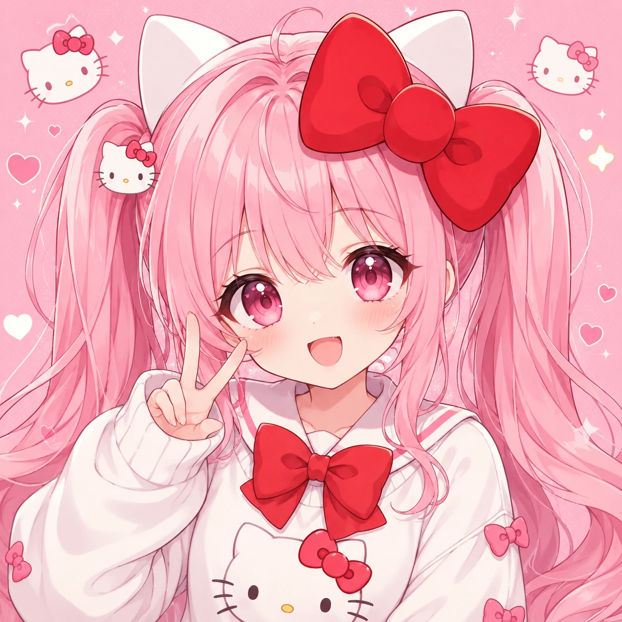 Hello Kitty anime PFP redrawn as a pink twin-tail anime girl wearing an oversized red bow