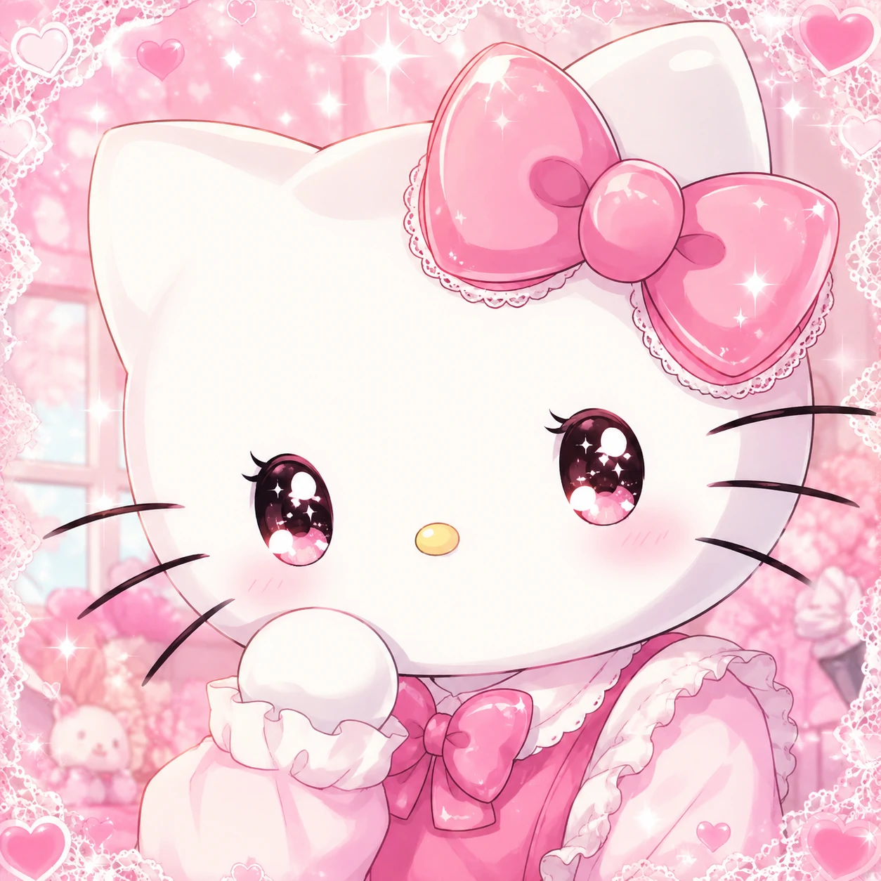 Shoujo-style Hello Kitty anime profile picture with soft cel shading and sparkle eyes