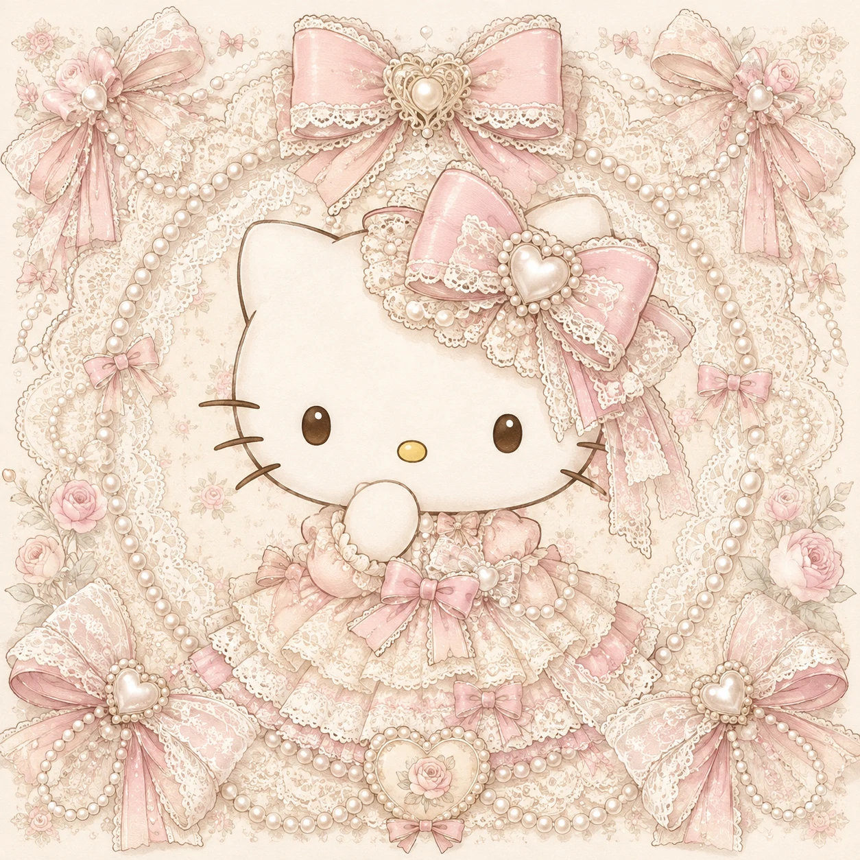 Coquette Hello Kitty PFP with layered lace bows and pearl details on a cream background