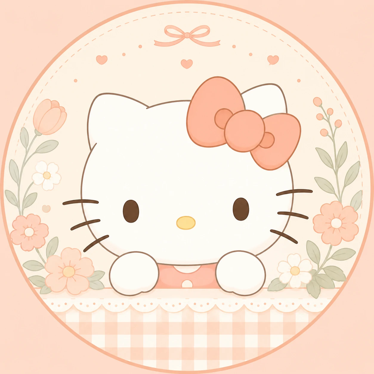 Pastel feed-matching Hello Kitty profile picture with soft peach and cream accents