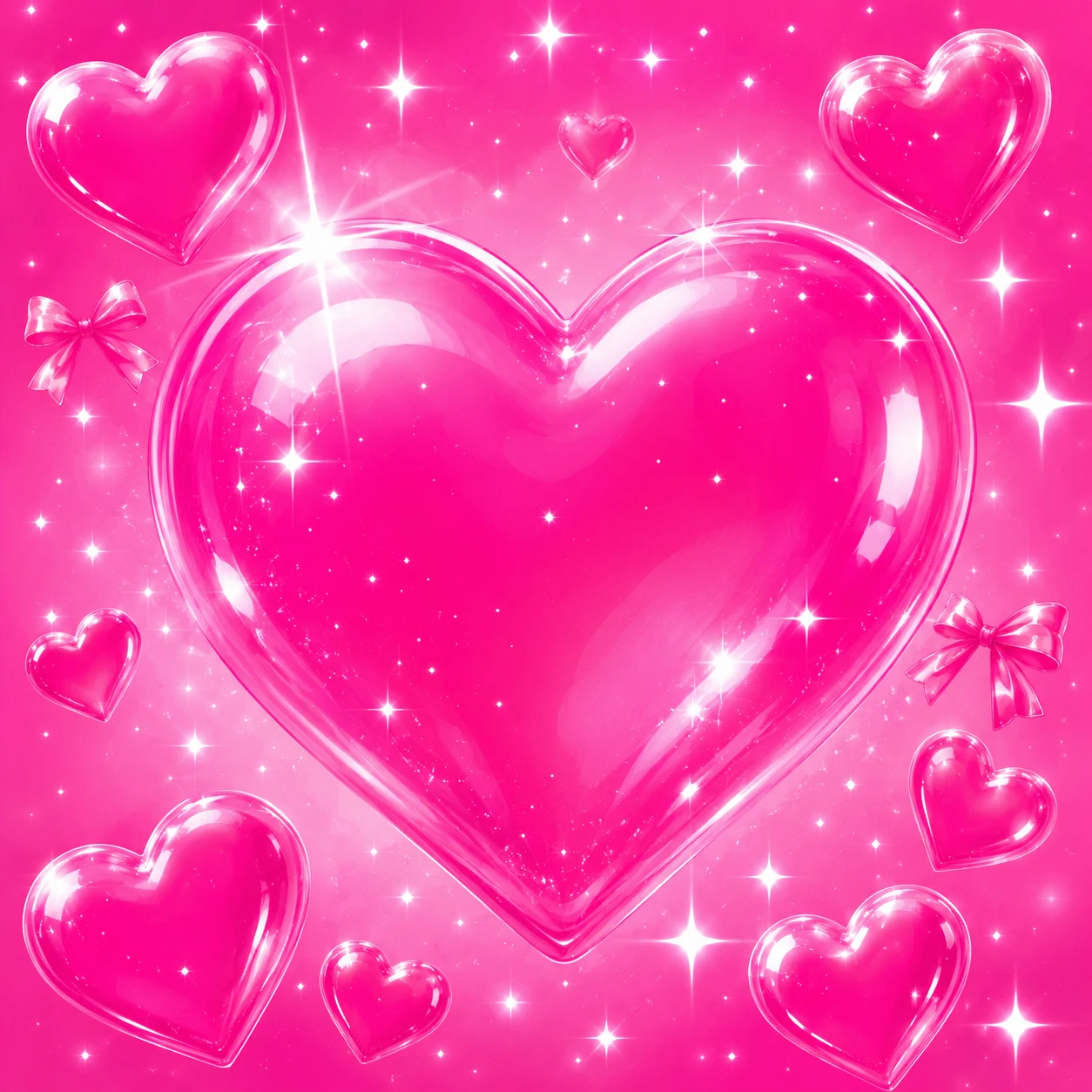Hot pink preppy pfp featuring glossy hearts, sparkle overlay, and a soft girly mood