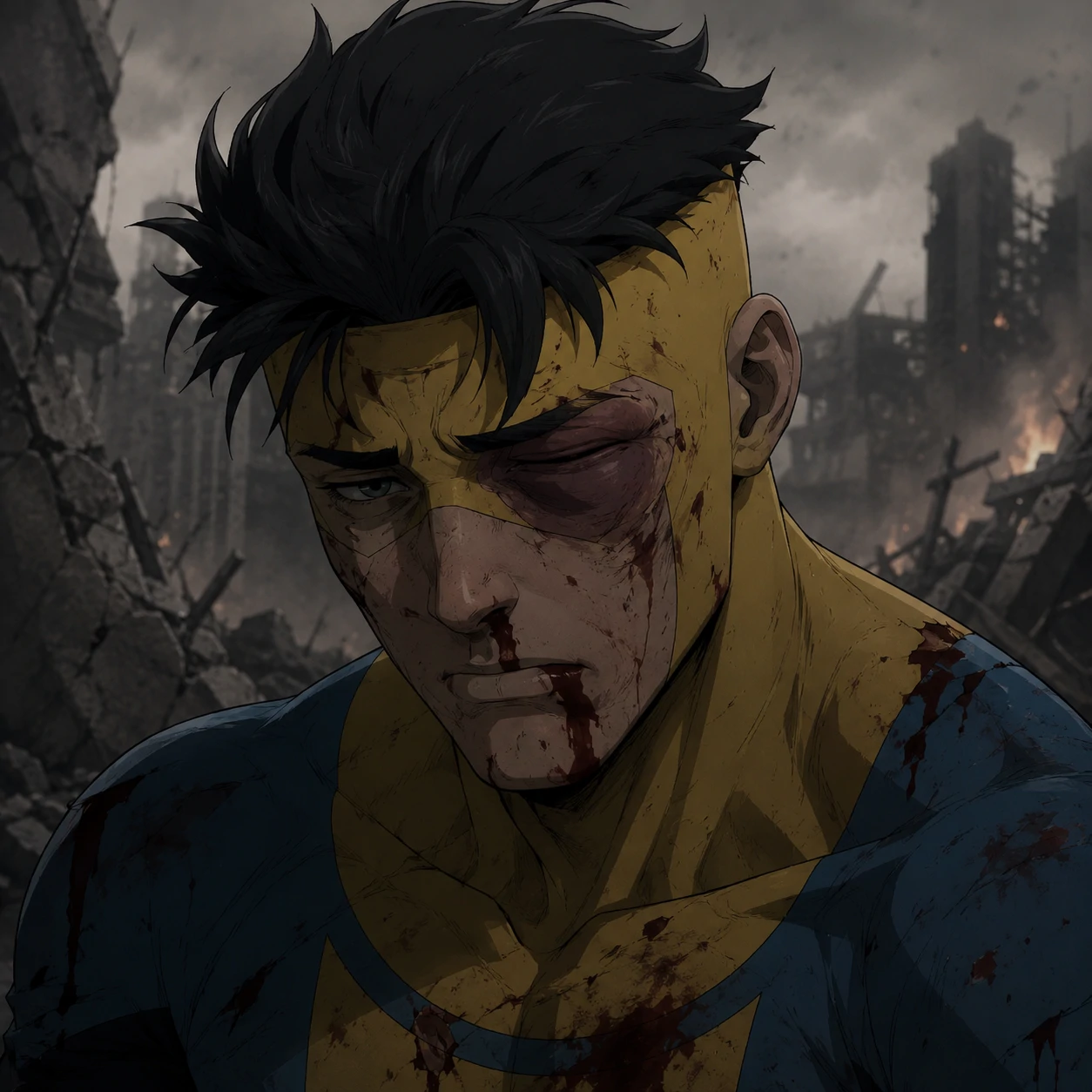 Invincible blood profile picture showing fight aftermath with bruised face and swollen eye