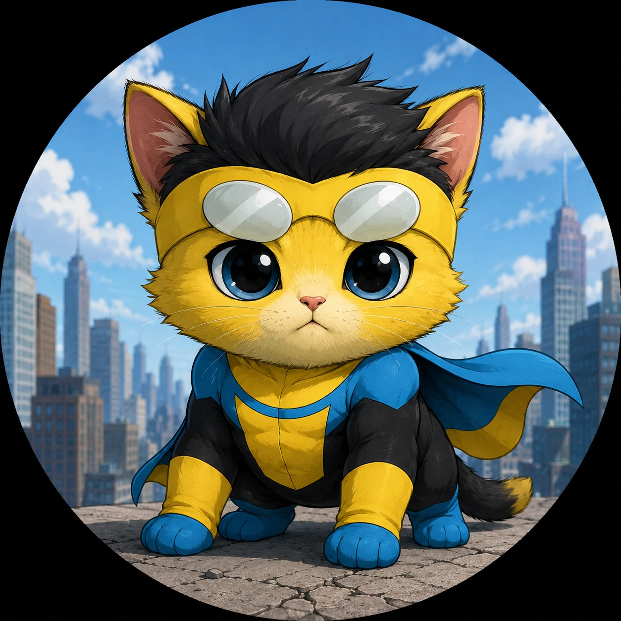 Invincible cat PFP of Mark Grayson redrawn as a small kitten in the yellow and blue suit