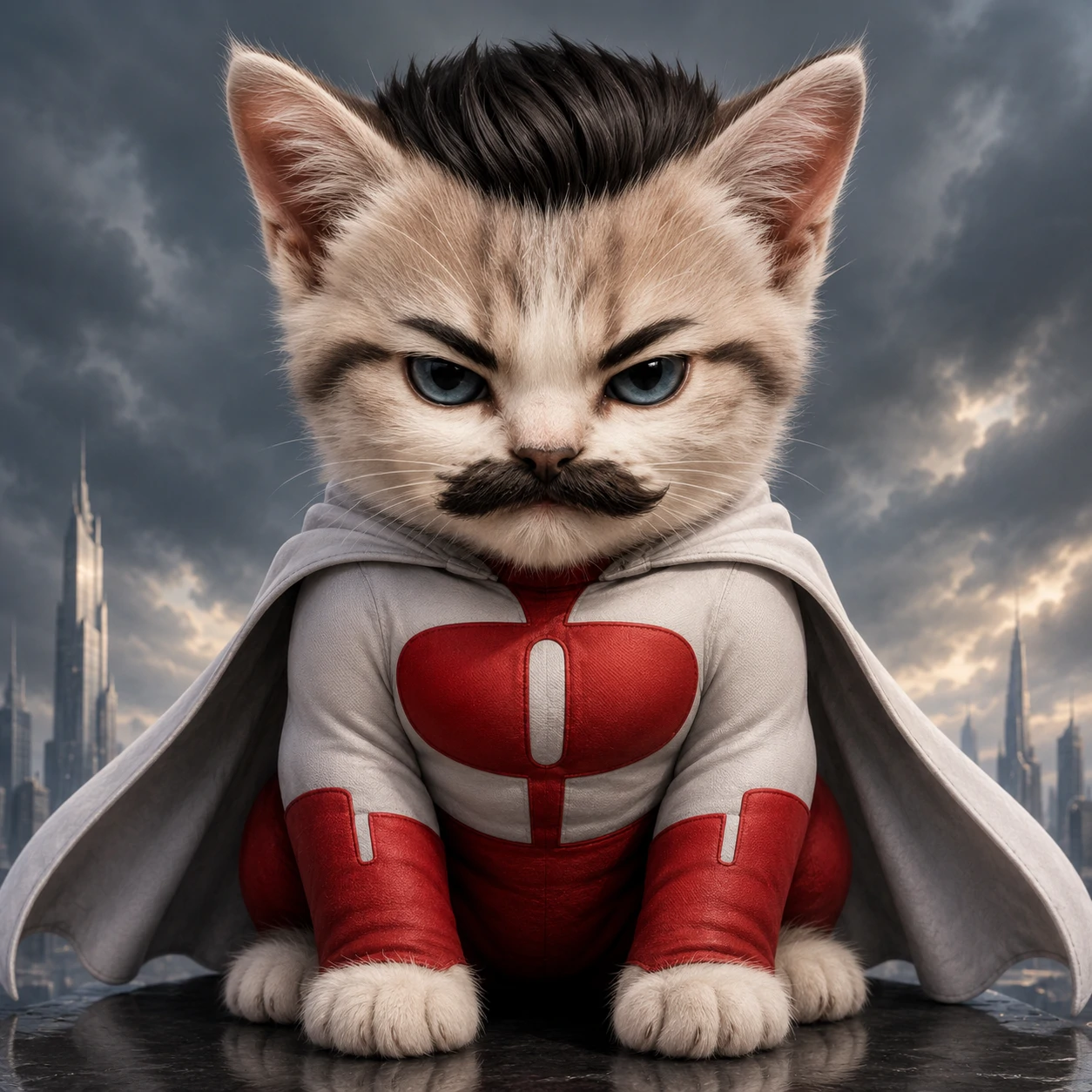 Invincible cat profile picture of Omni-Man reimagined as a moustached kitten with white cape