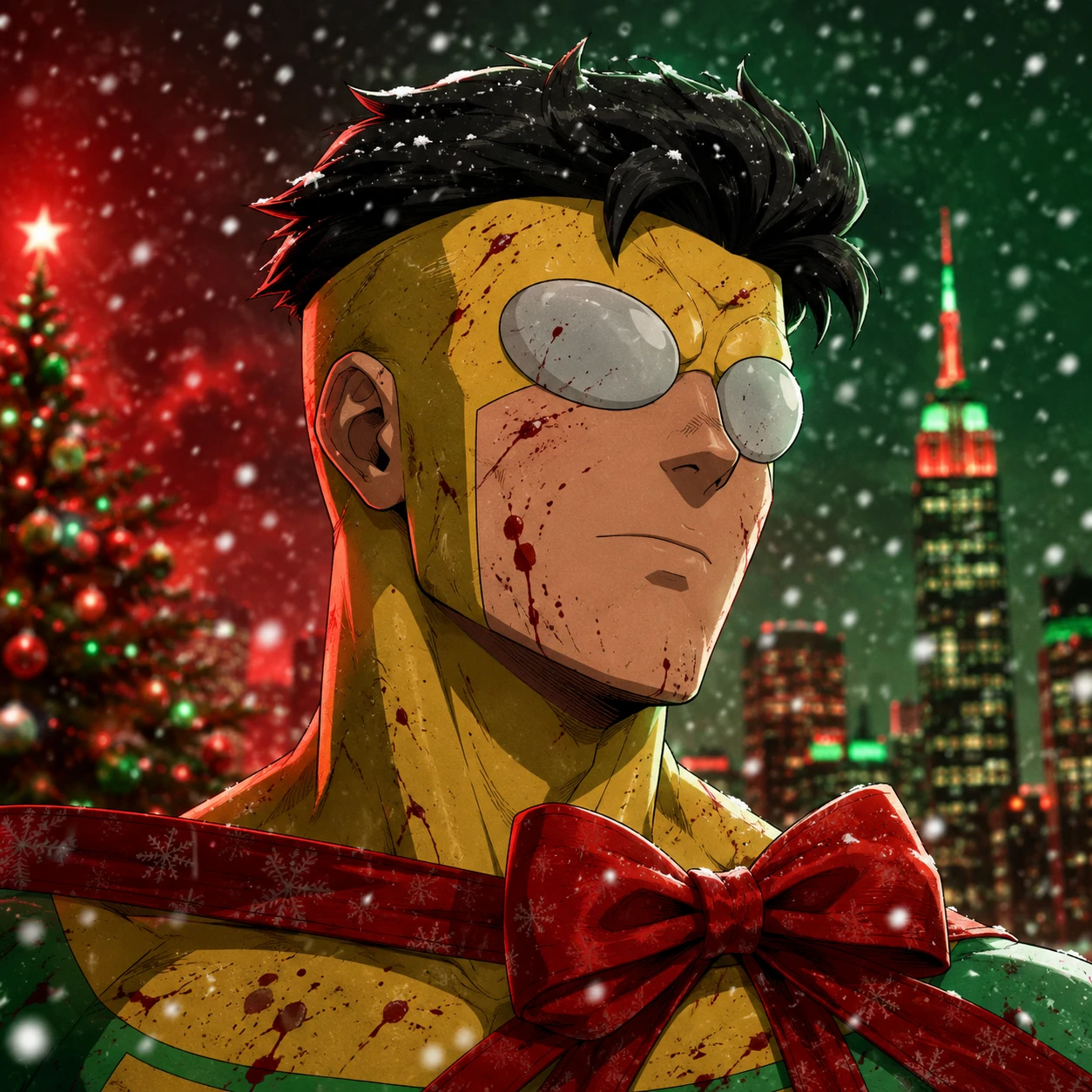 Invincible Christmas profile picture with snow overlay and red green festive colour grade