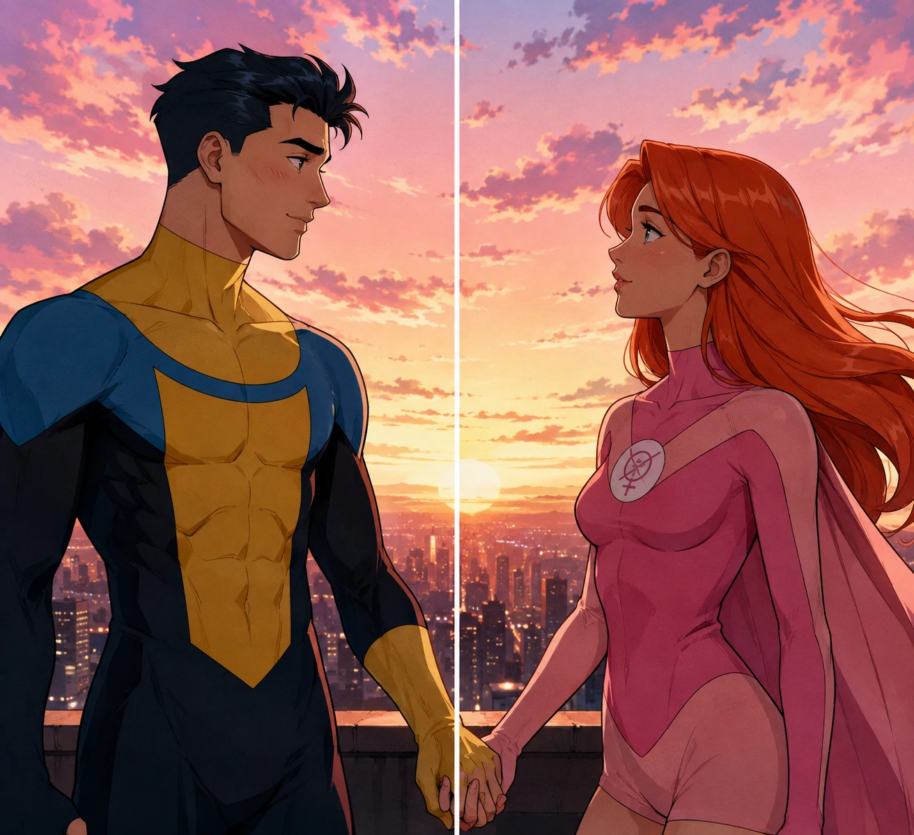 Matching Invincible couple profile picture split between Mark and Eve holding hands