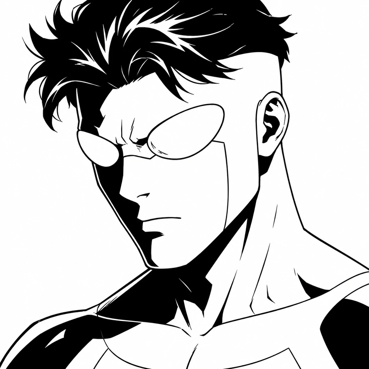 Black and white Invincible PFP of Mark Grayson with heavy ink shadows and clean linework
