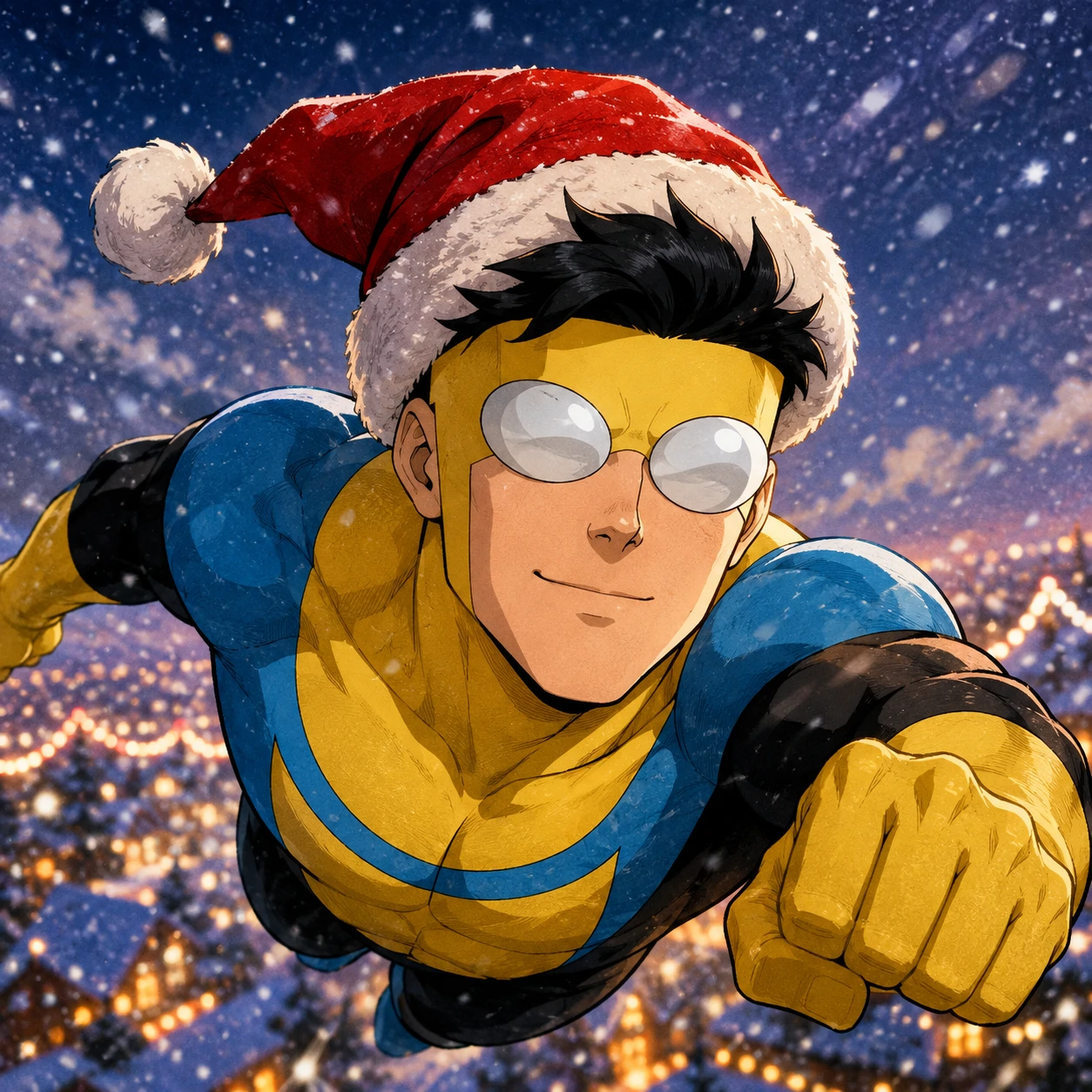 Christmas Invincible PFP of Mark Grayson in a Santa hat flying through snowy sky
