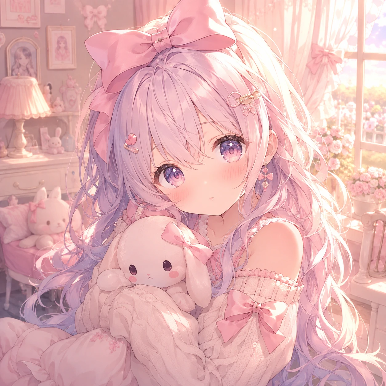 kawaii anime girl PFP with pastel hair, a satin ribbon and soft rim-light glow