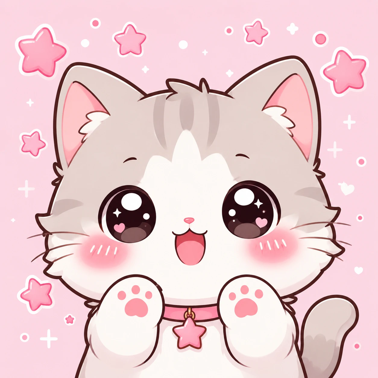 Kawaii cat PFP of a chibi-style cat with blush marks, tiny paws and pink star sparkles