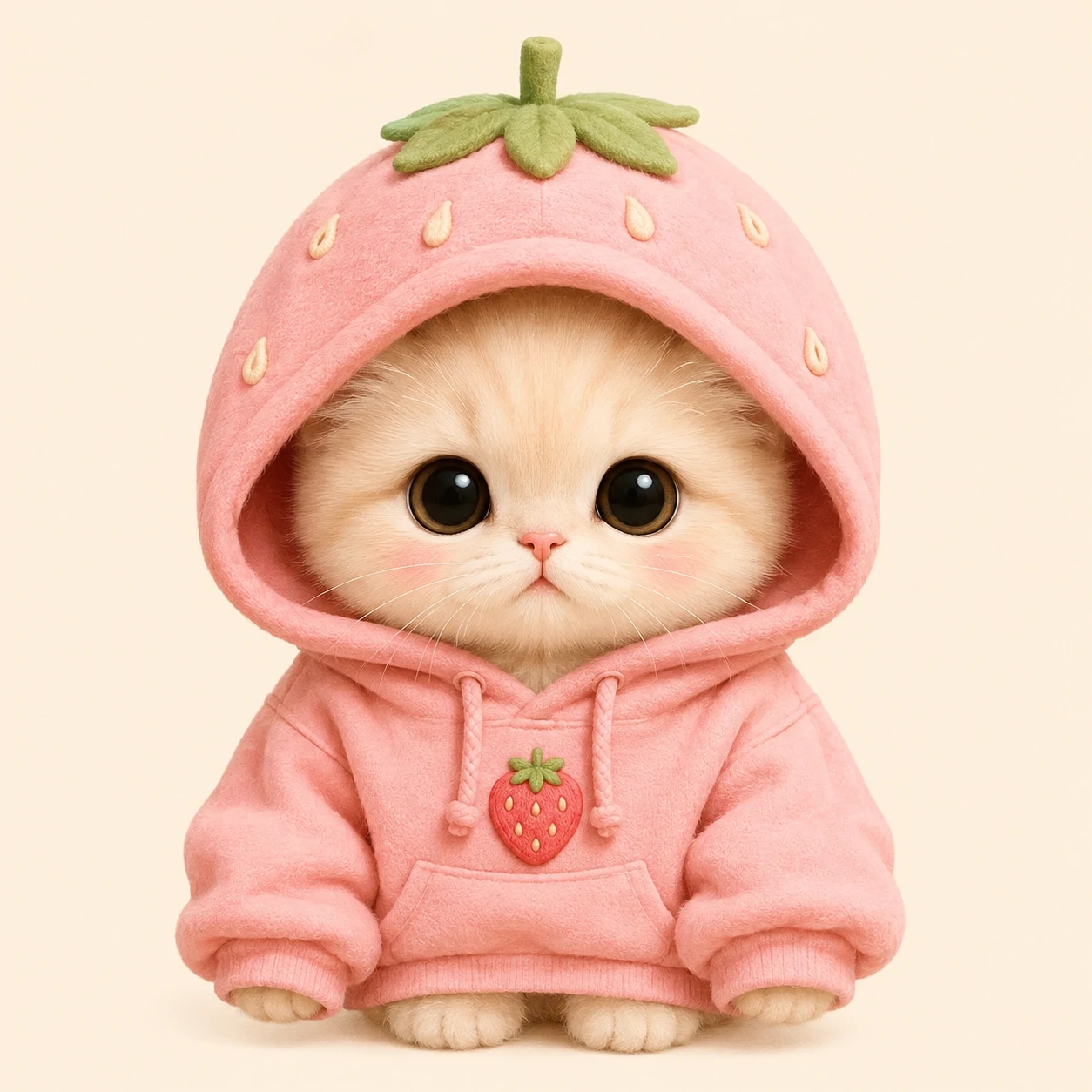 Kawaii cat profile picture wearing a tiny pink strawberry hoodie with cream-colored background