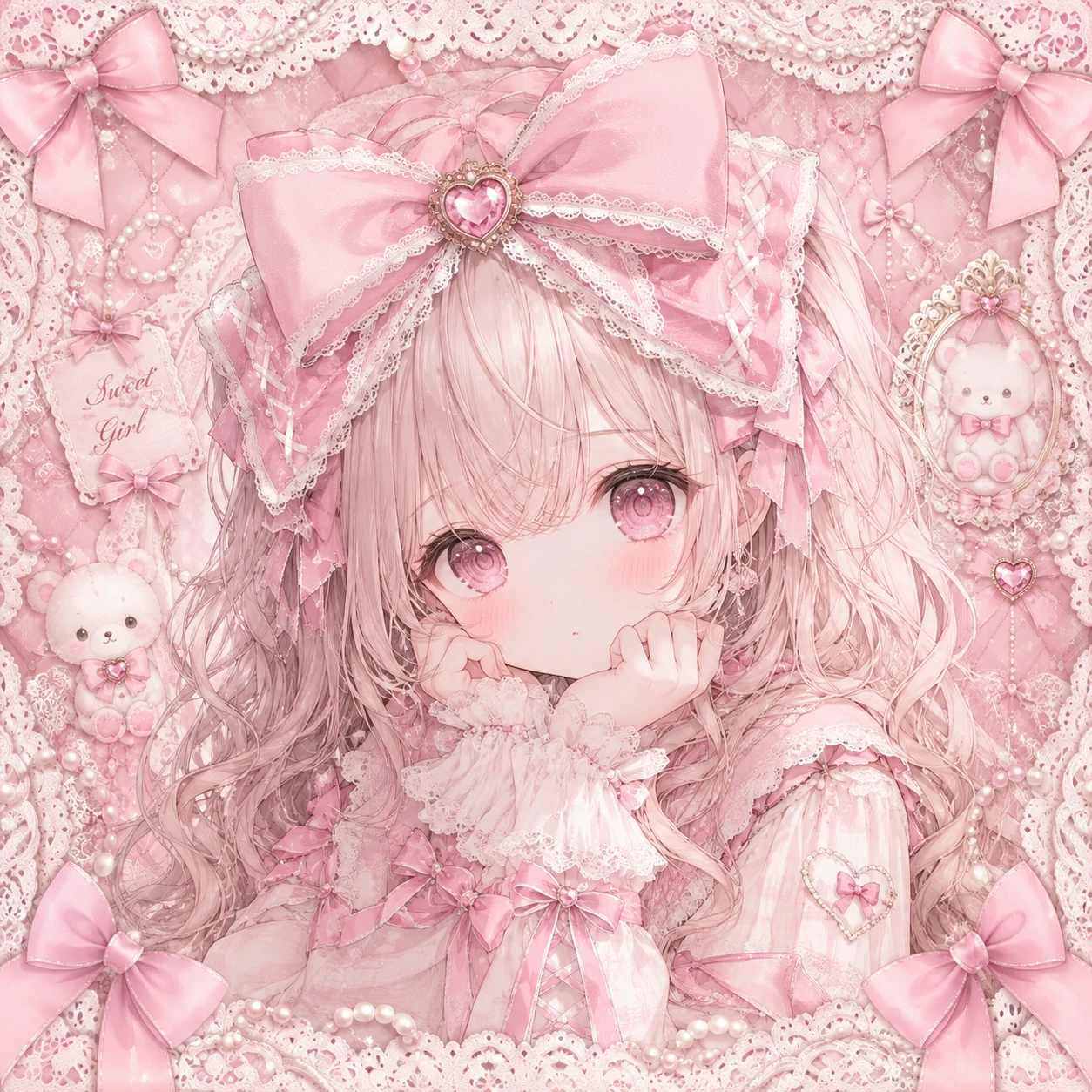 kawaii coquette PFP featuring an anime girl with a pink bow and lace-trimmed frame