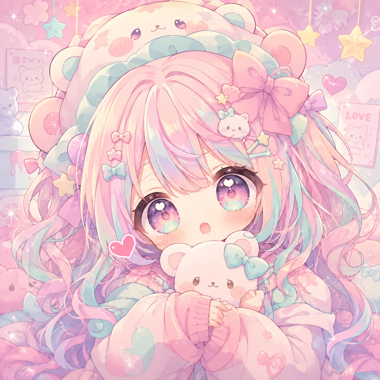 kawaii cute anime PFP of a chibi girl with pastel hair, sparkles and big expressive eyes