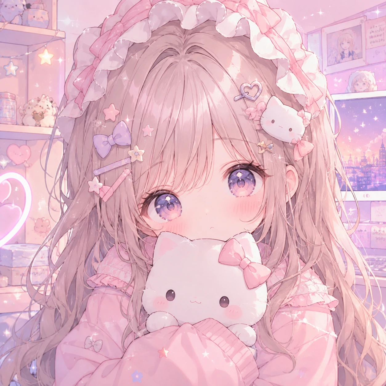 soft pastel kawaii cute PFP aesthetic featuring an anime girl with blushy cheeks and sparkles