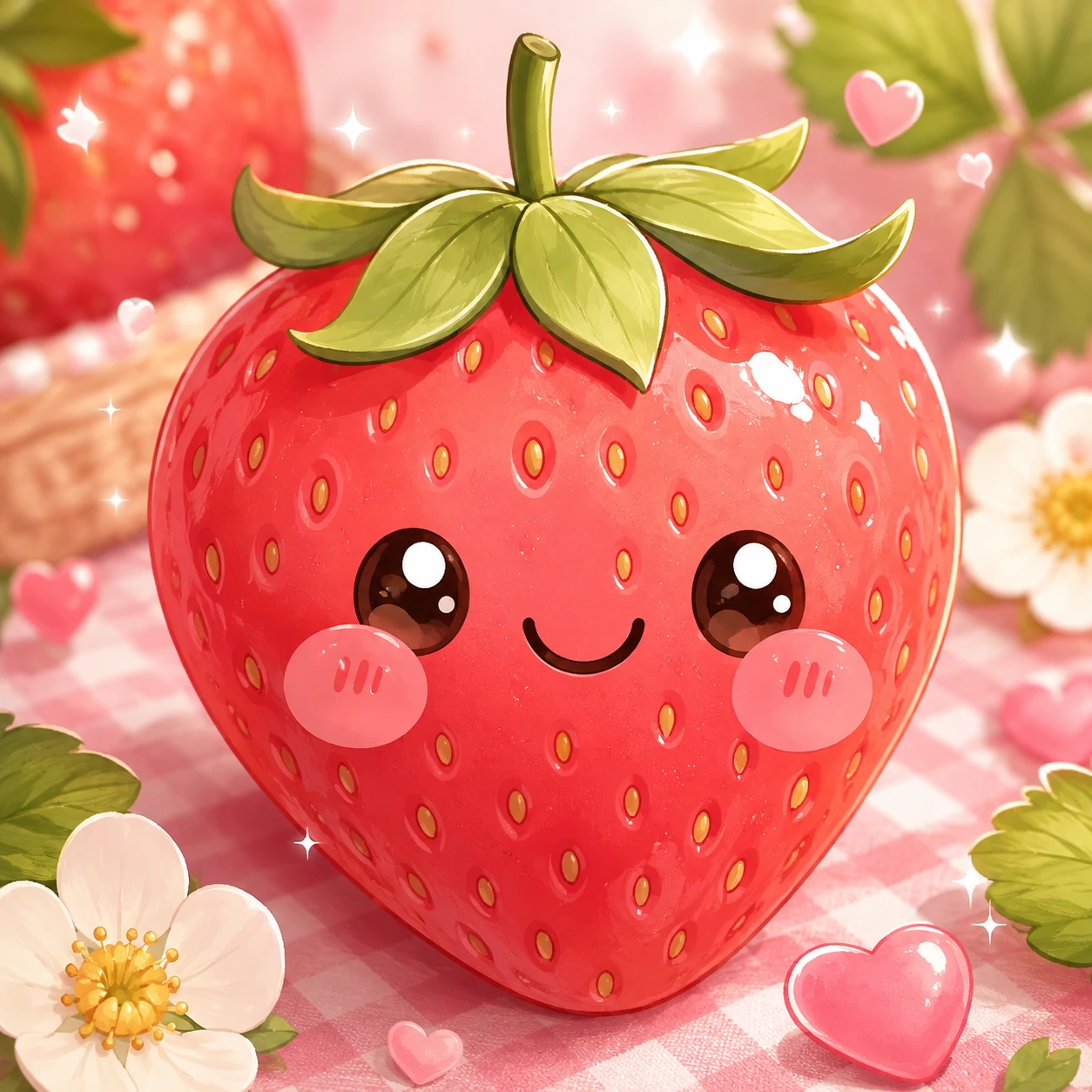 kawaii food PFP showing a smiley strawberry with blush cheeks and soft pastel highlights
