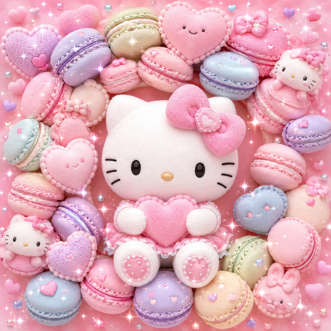 Cutecore kawaii Hello Kitty profile picture surrounded by pastel macarons and mini plush hearts
