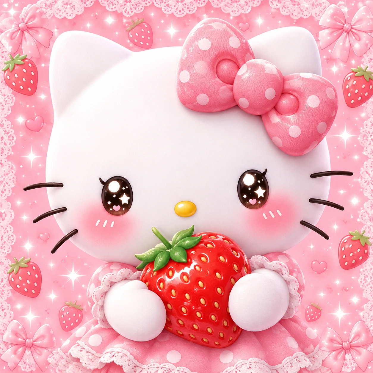 Kawaii Hello Kitty PFP holding a strawberry with sparkle eyes and rosy blush