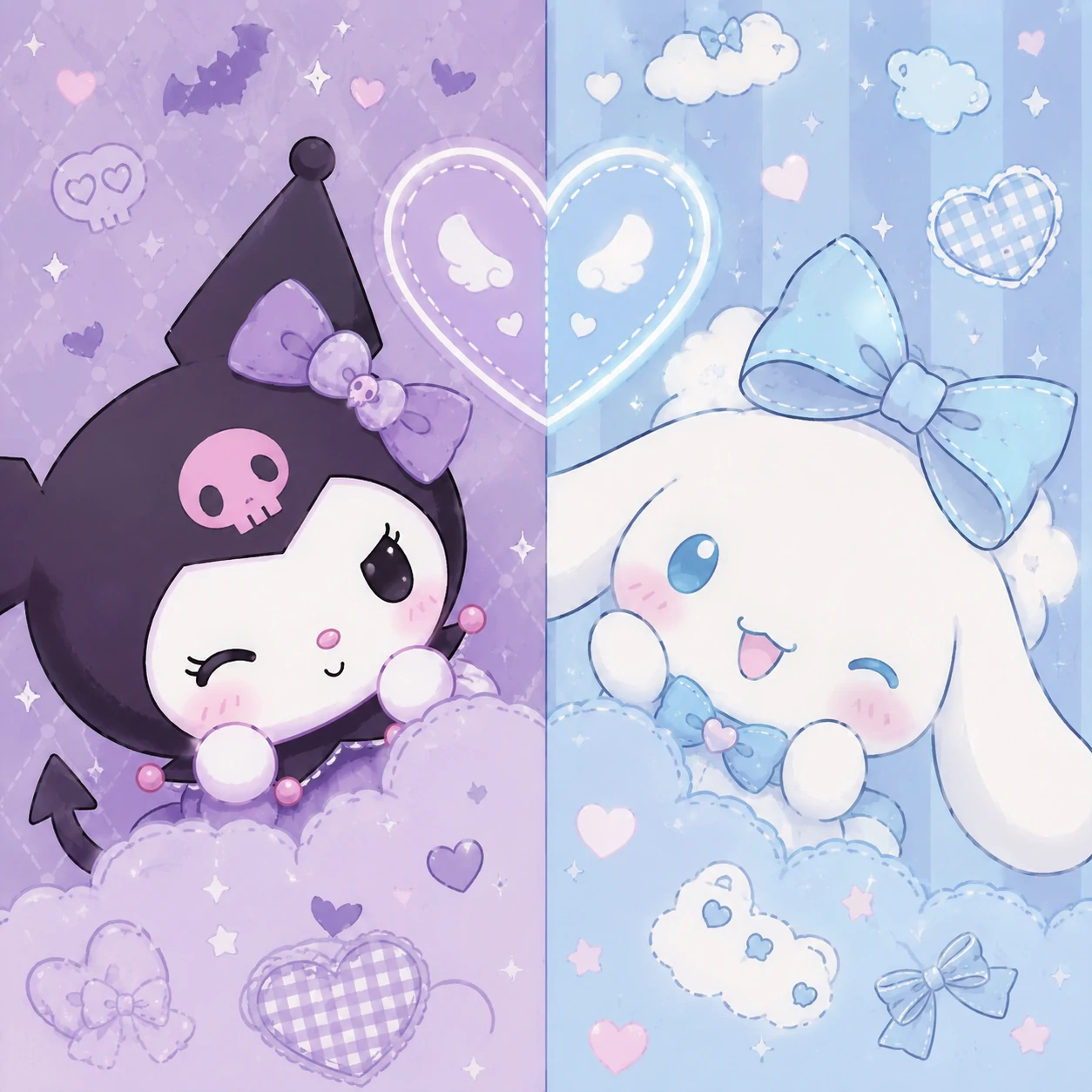 kawaii matching PFP with Kuromi and Cinnamoroll as a Sanrio duo pastel design