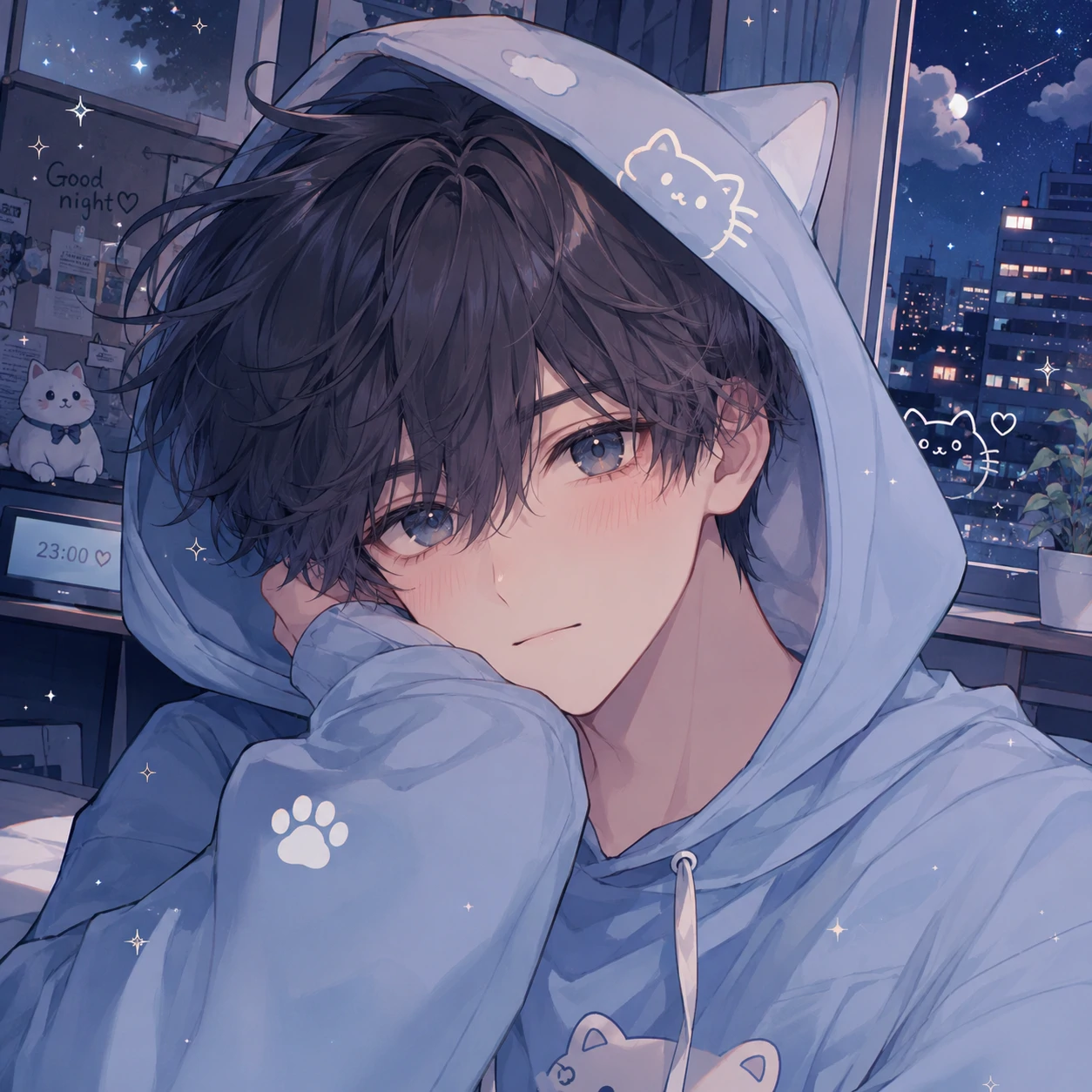 kawaii PFP boy featuring a cute anime guy in a soft blue hoodie with small sparkle accents