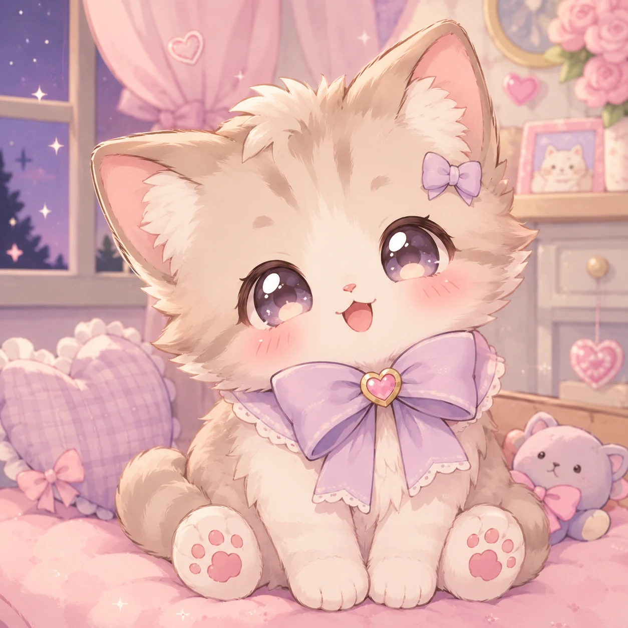 kawaii PFP cat drawn as a chibi kitten with a pastel bow, blush cheeks and sparkle eyes