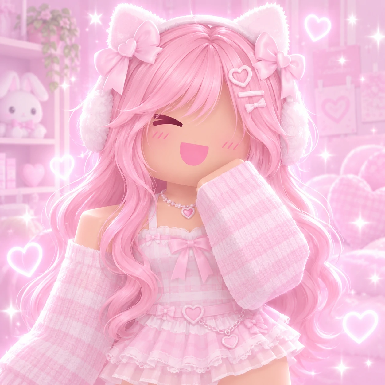 kawaii PFP for Roblox styled as a GFX avatar with pink hair, pastel outfit and soft glow
