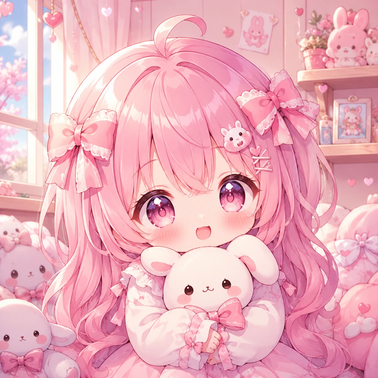 kawaii PFP girl as a chibi portrait with pastel hair, blush cheeks and cute hair ribbons