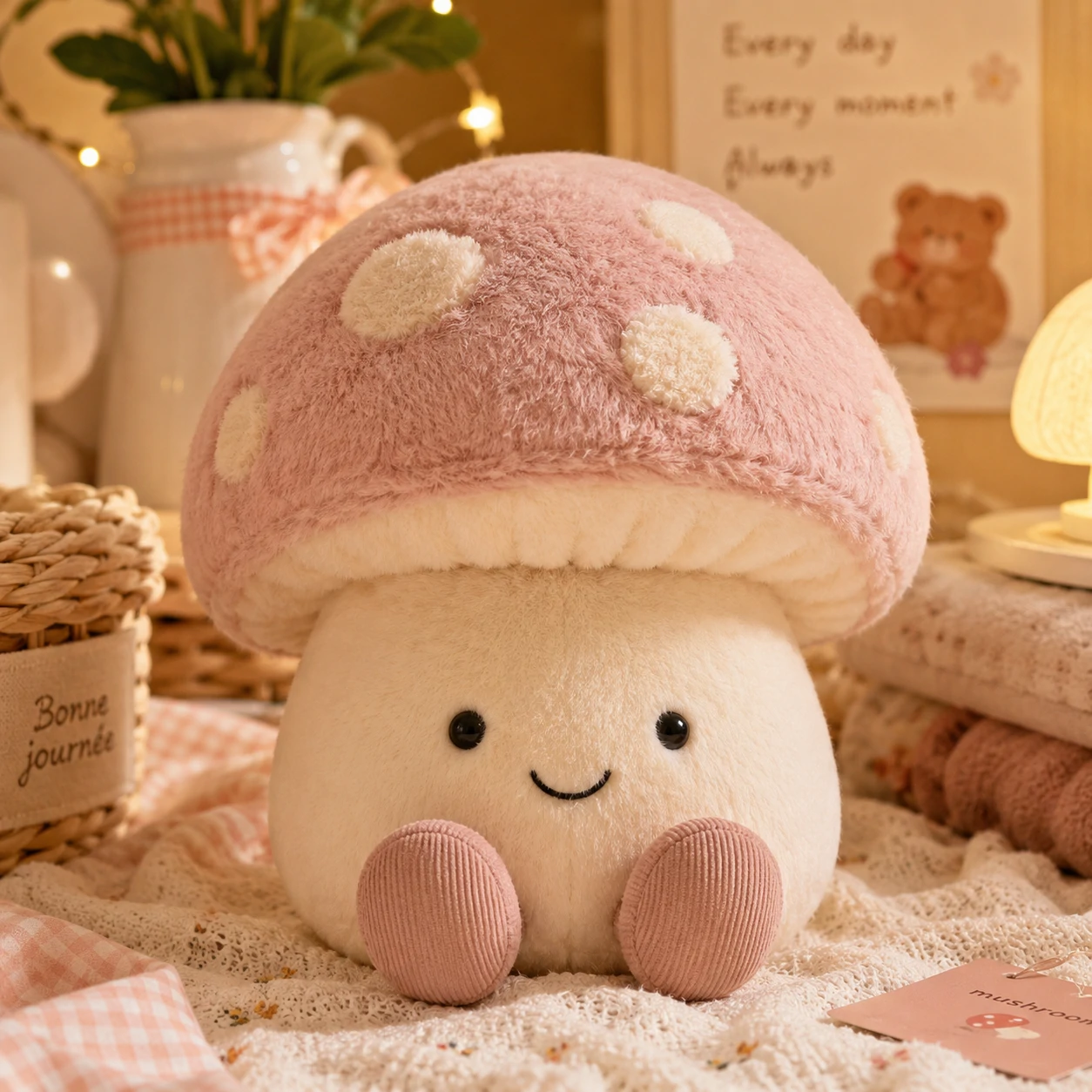kawaii plush PFP featuring a Jellycat-style mushroom plushie with cream and pink tones
