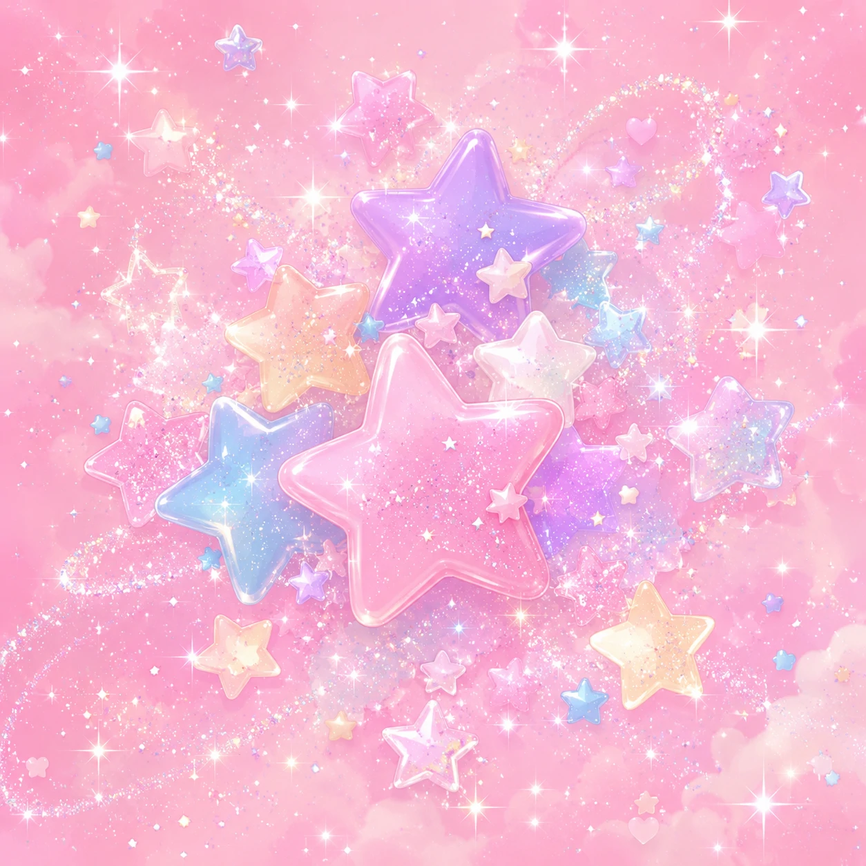 kawaii sparkle icon PFP with a pastel star cluster, glitter overlay and soft pink background