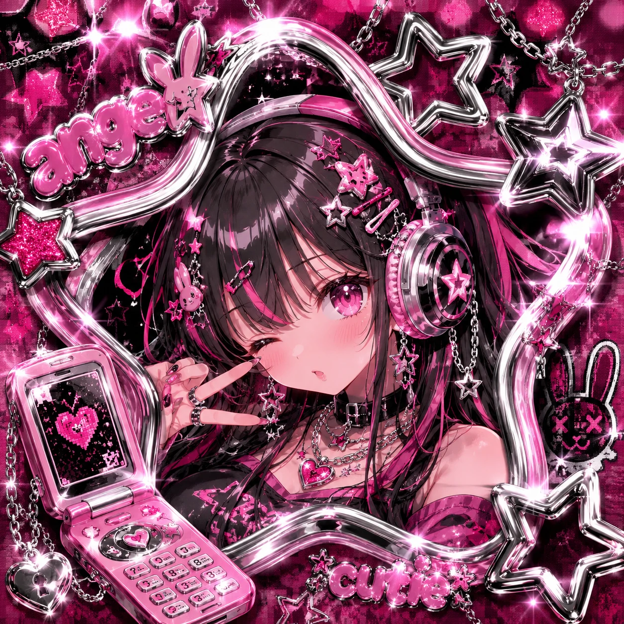 kawaii Y2K PFP with glossy chrome finish, star charms and a hot pink anime icon