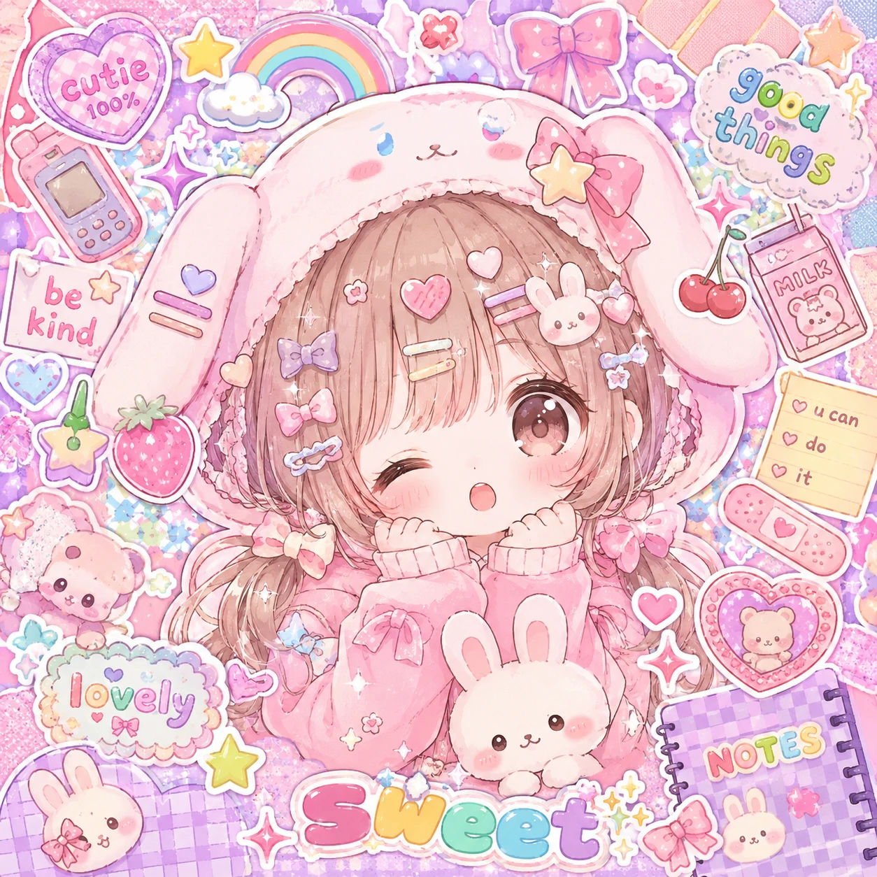 kawaiicore PFP featuring layered pastel stickers, sparkle icons and a soft chibi center