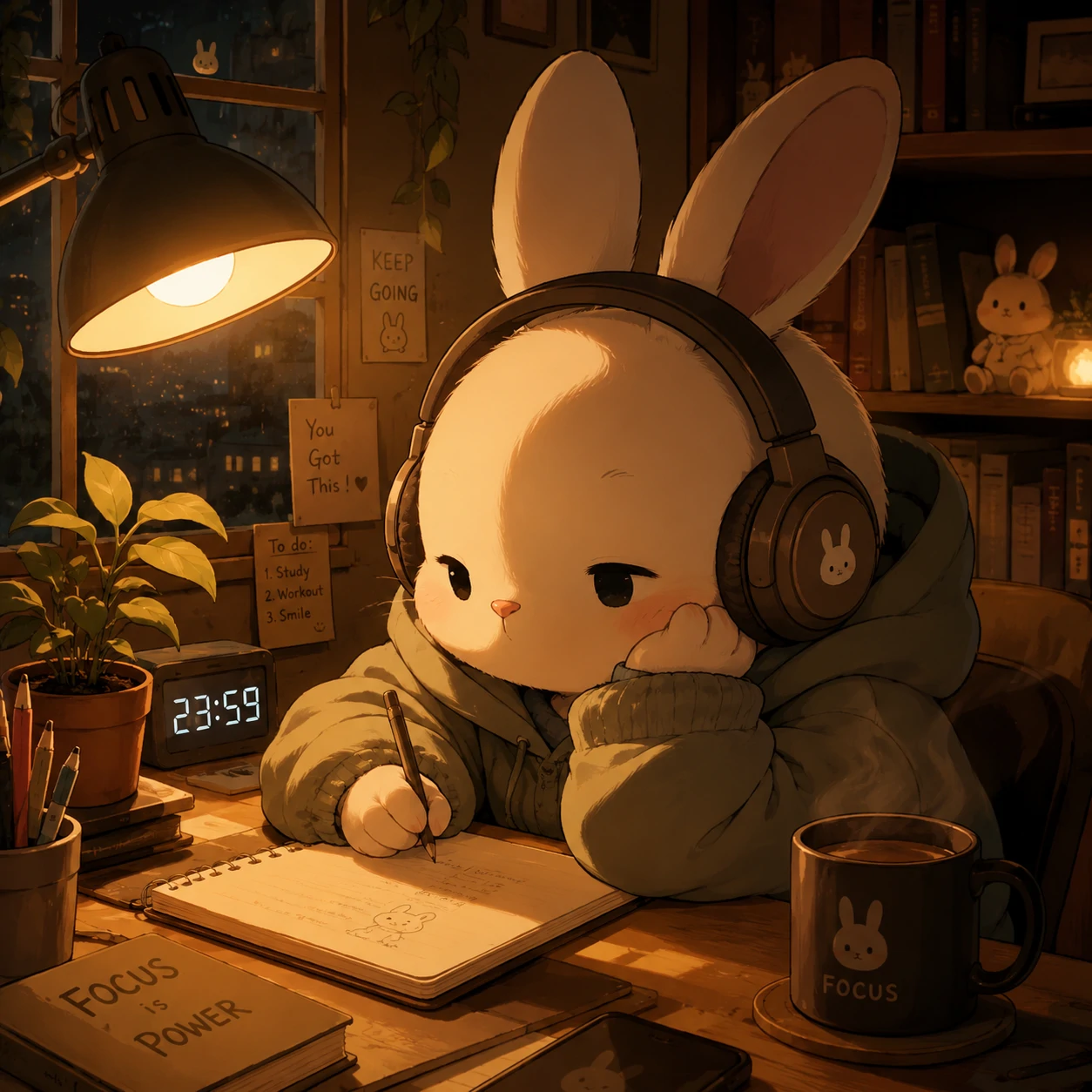 Lofi bunny profile picture wearing cozy headphones under warm lamp light