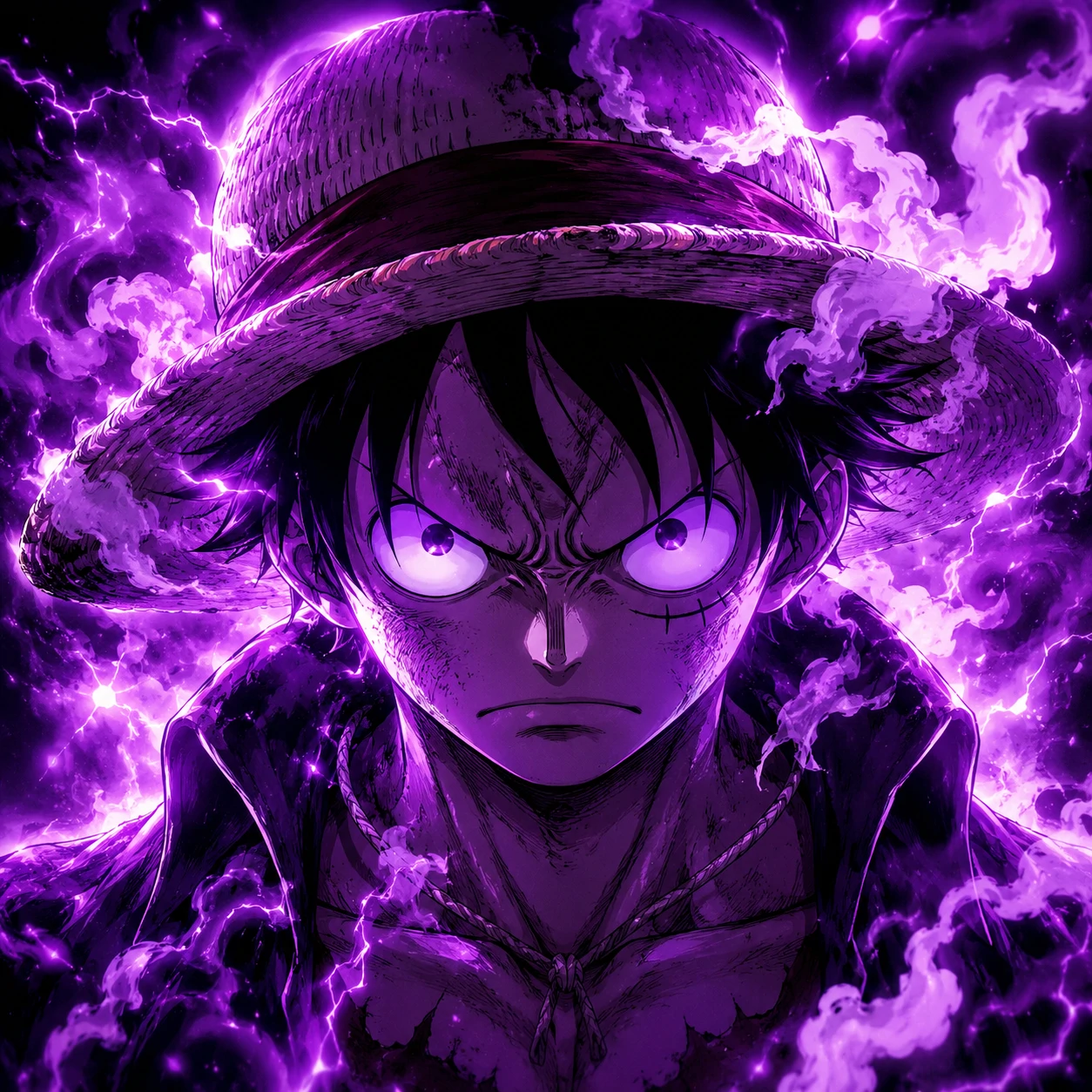 Luffy aura pfp with purple glow, smoke effects, and intense anime expression