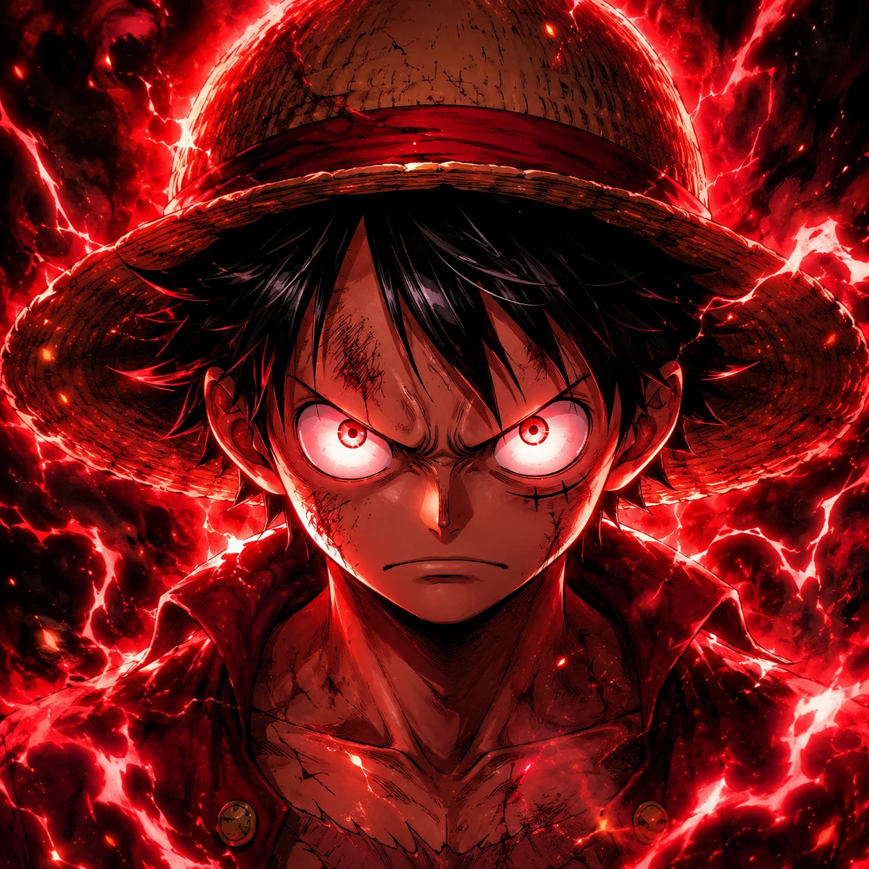 Luffy profile picture with red Haki aura and bright battle energy