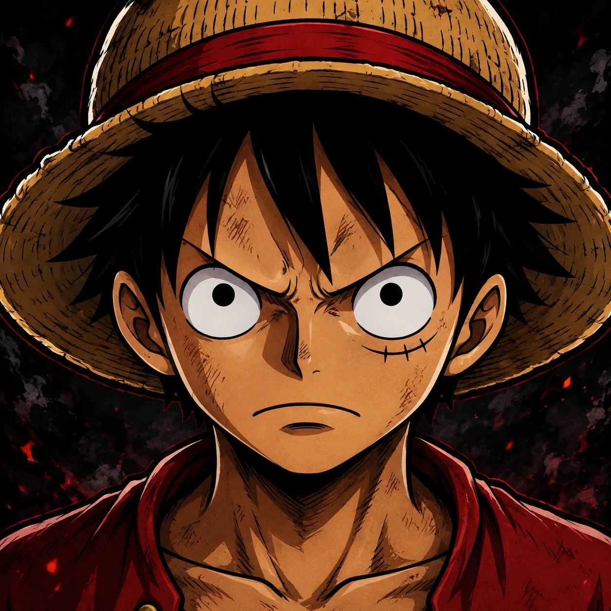Luffy Discord pfp with centered face, bold outline, and dark anime background
