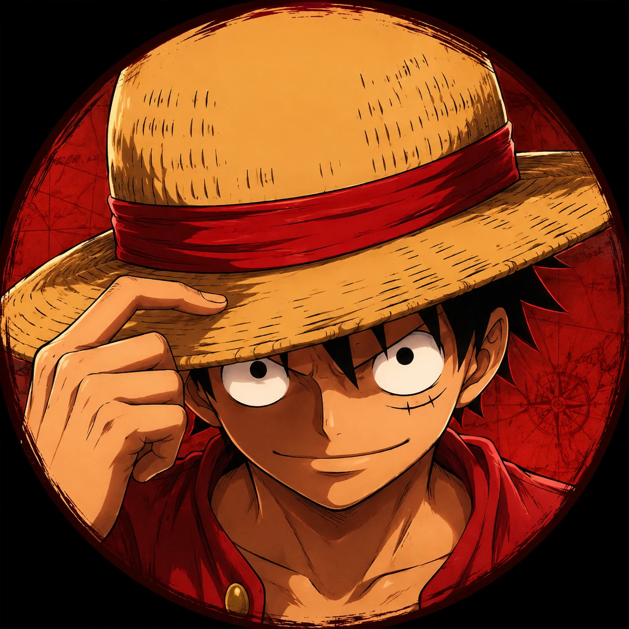 Luffy Discord profile picture featuring straw hat close-up and warm red tones