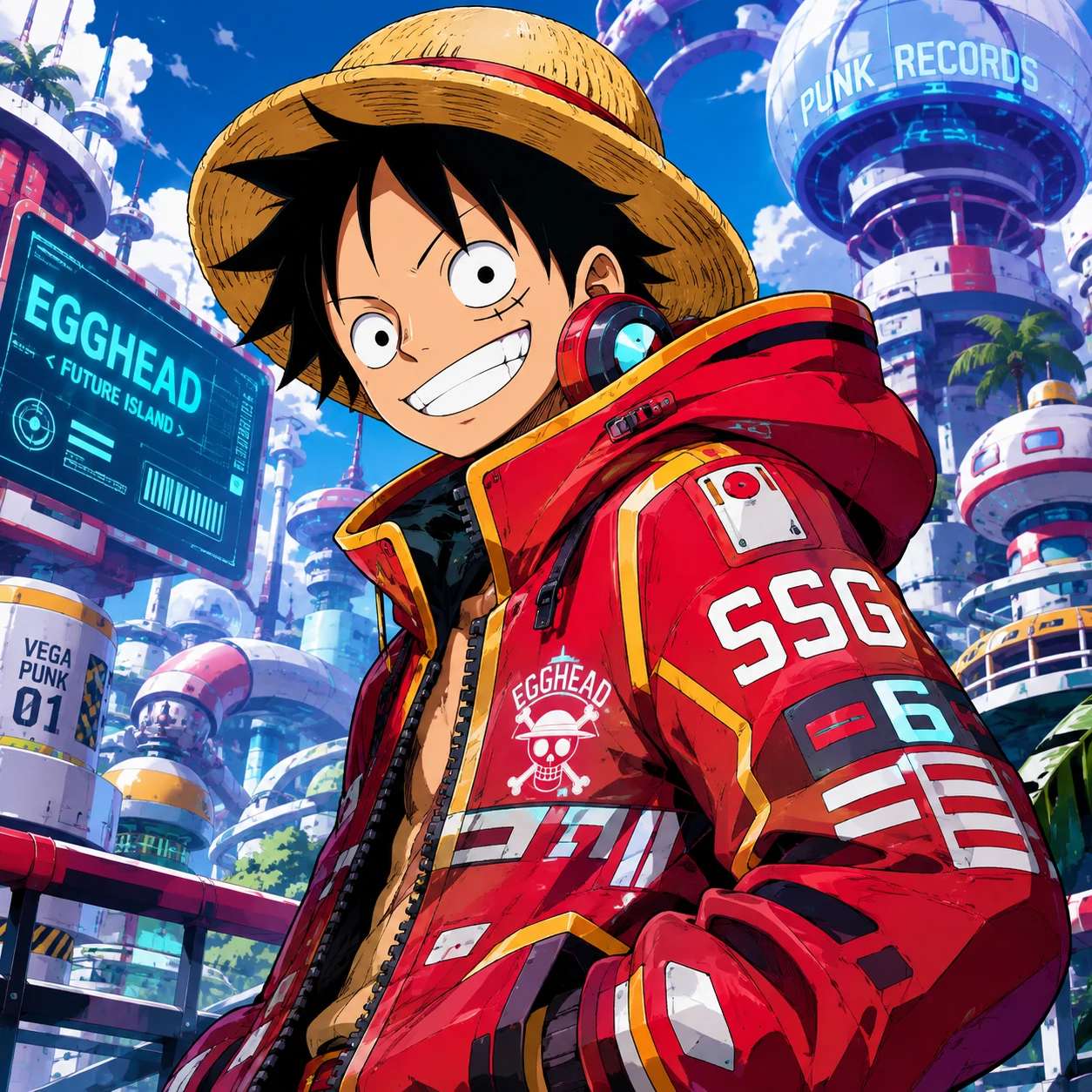 Luffy Egghead profile picture with futuristic jacket and crisp sci-fi palette