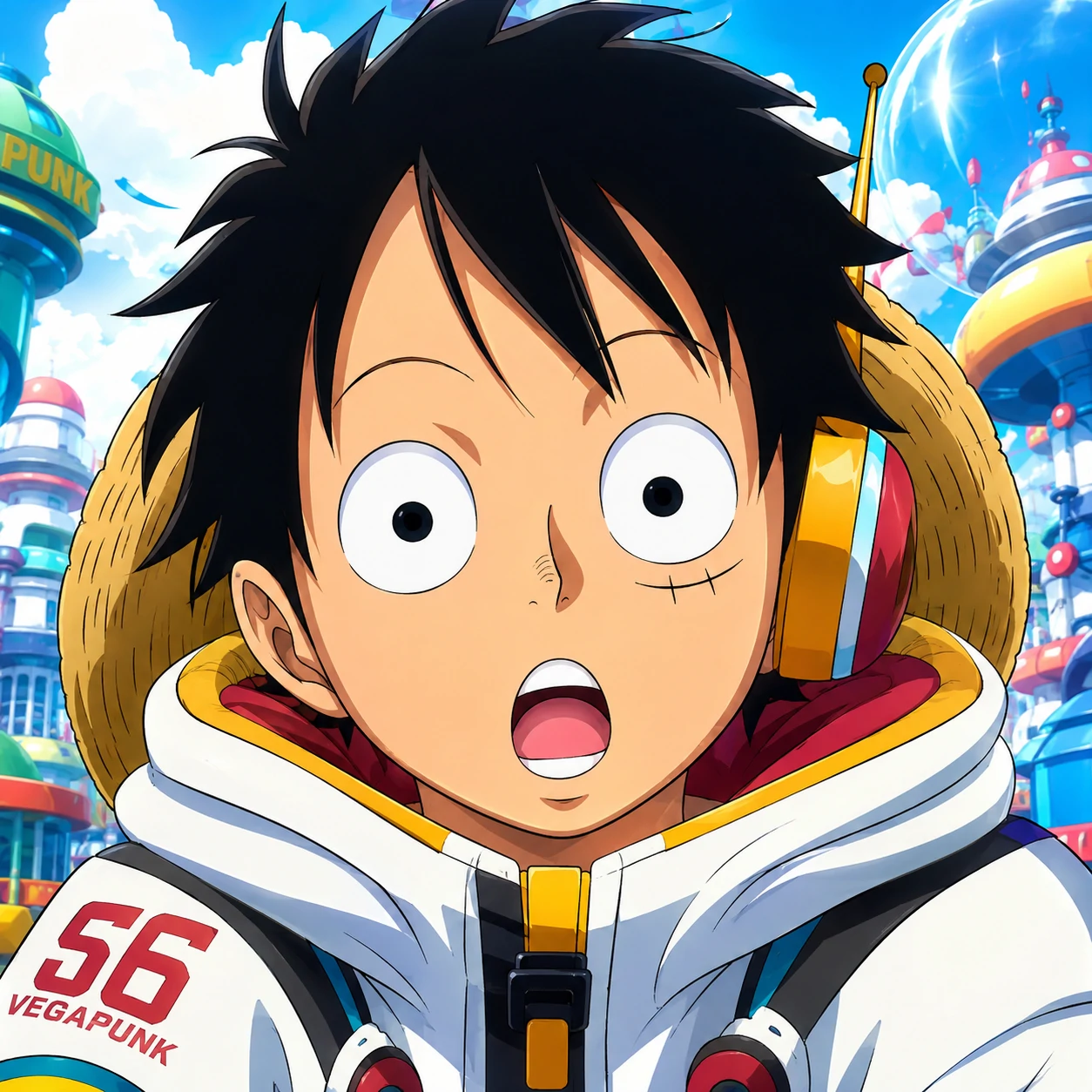 Luffy Egghead pfp with wide eyes, modern outfit, and bright anime colors