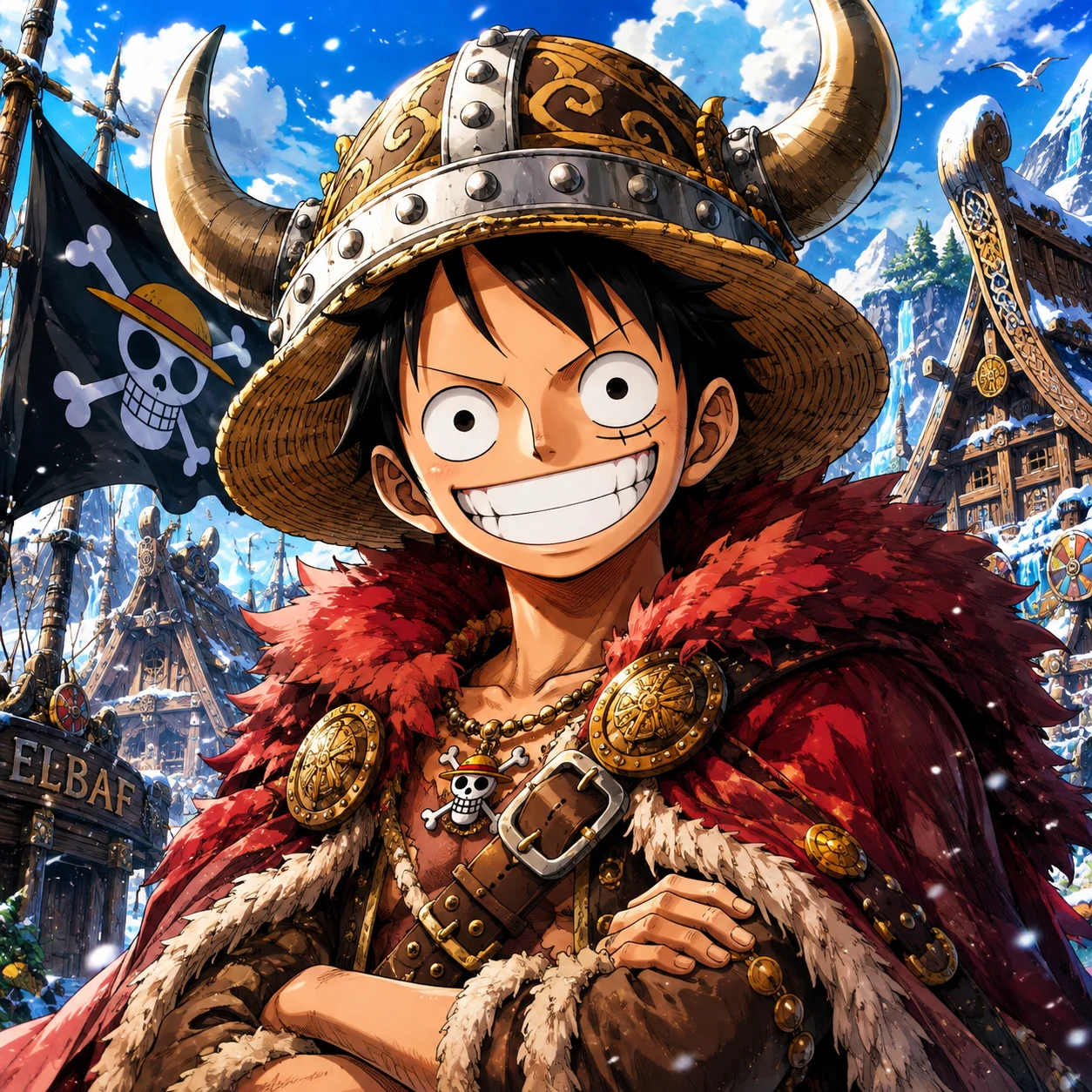 Luffy Elbaf pfp with new outfit, bold grin, and adventurous arc styling